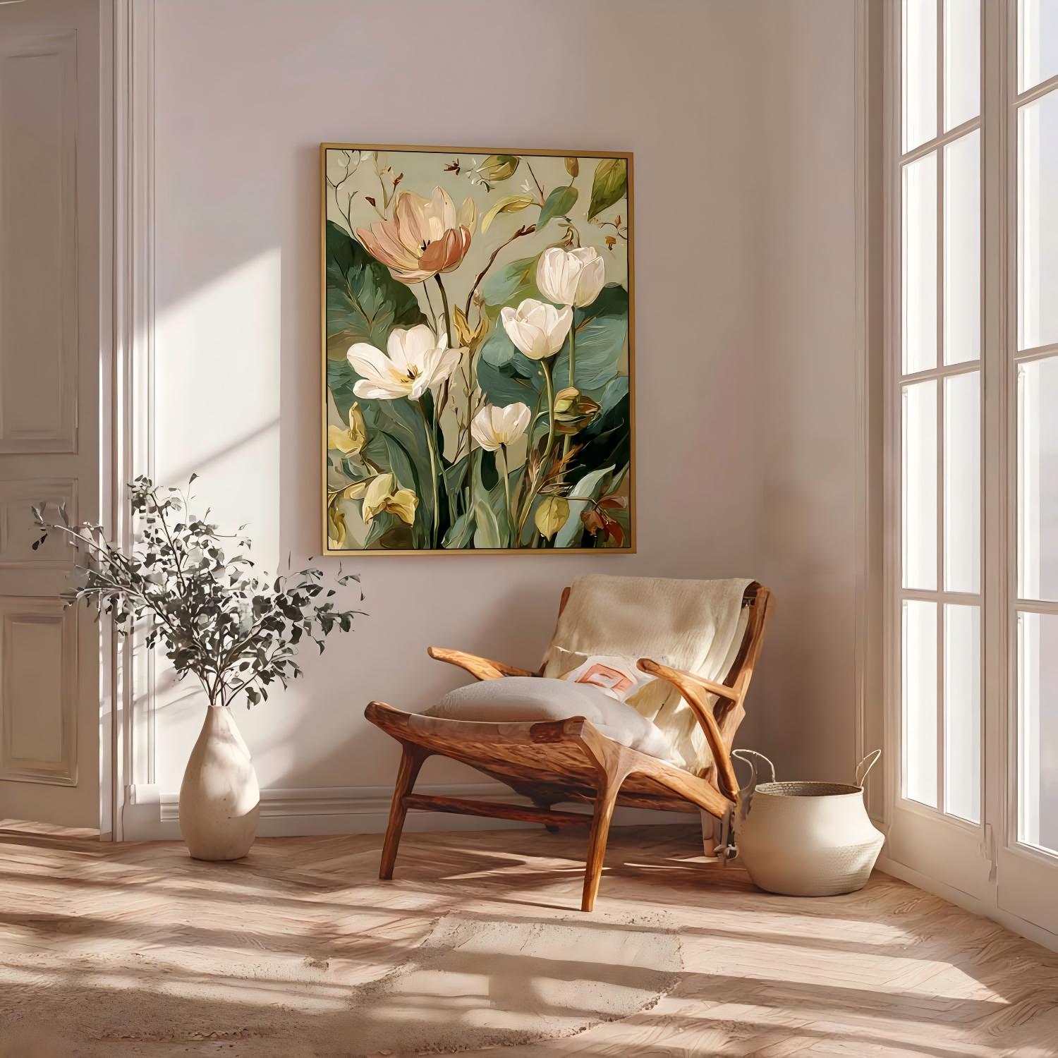 Vintage Oil Painting Style Of White And Peach Tulips On Sage Green Background Botanical Wall Art Decor