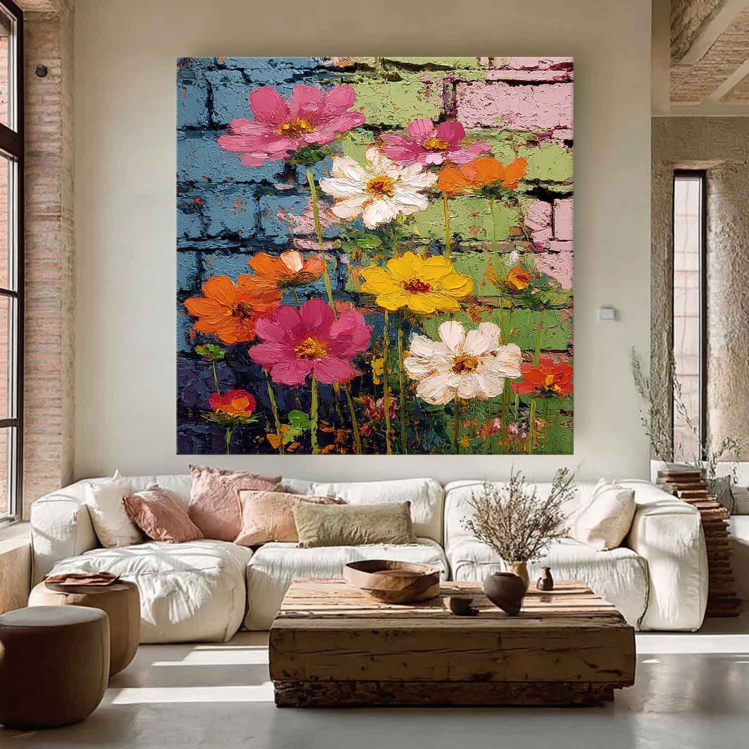 Colorful Flowers Canvas Vibrant Urban Street Art Style Floral Wall Hanging Modern Textured Floral Oil Painting