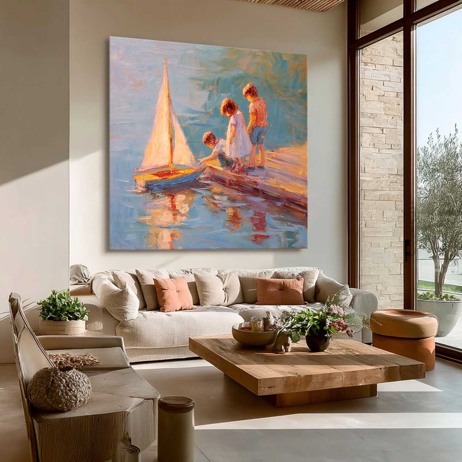 Vintage Childhood Sailboat Art Children By Lake Dock Oil Painting Warm Toned Wall Decor For Living Room