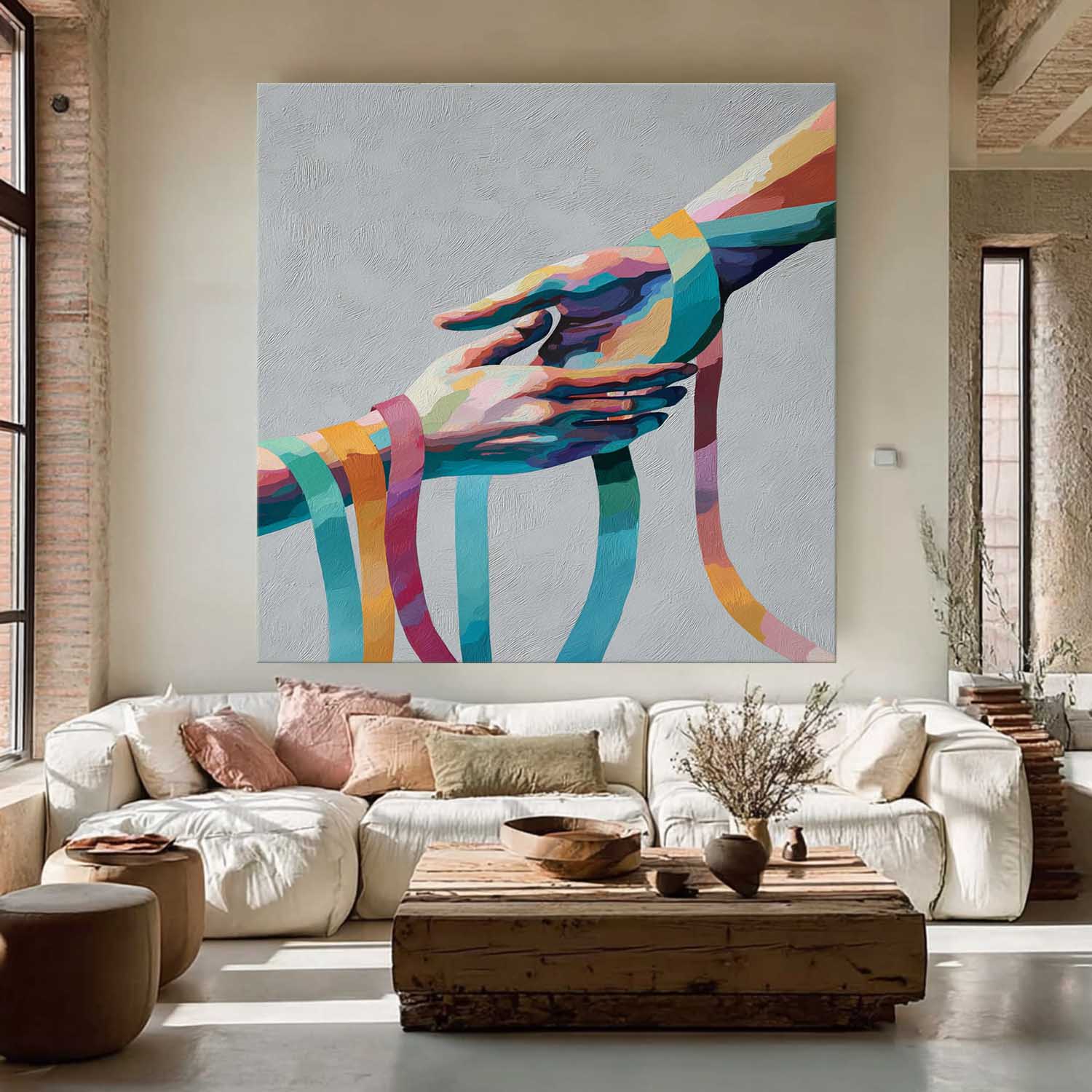 Rainbow Geometric Hands Art Abstract Colorful Wall Decor For Cozy Home Minimalist Yet Heartwarming Art Piece