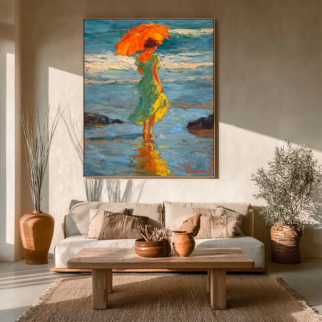 Original Impressionist Painting Lady In Green Dress With Orange Parasol Strolling Seashore Unique Art