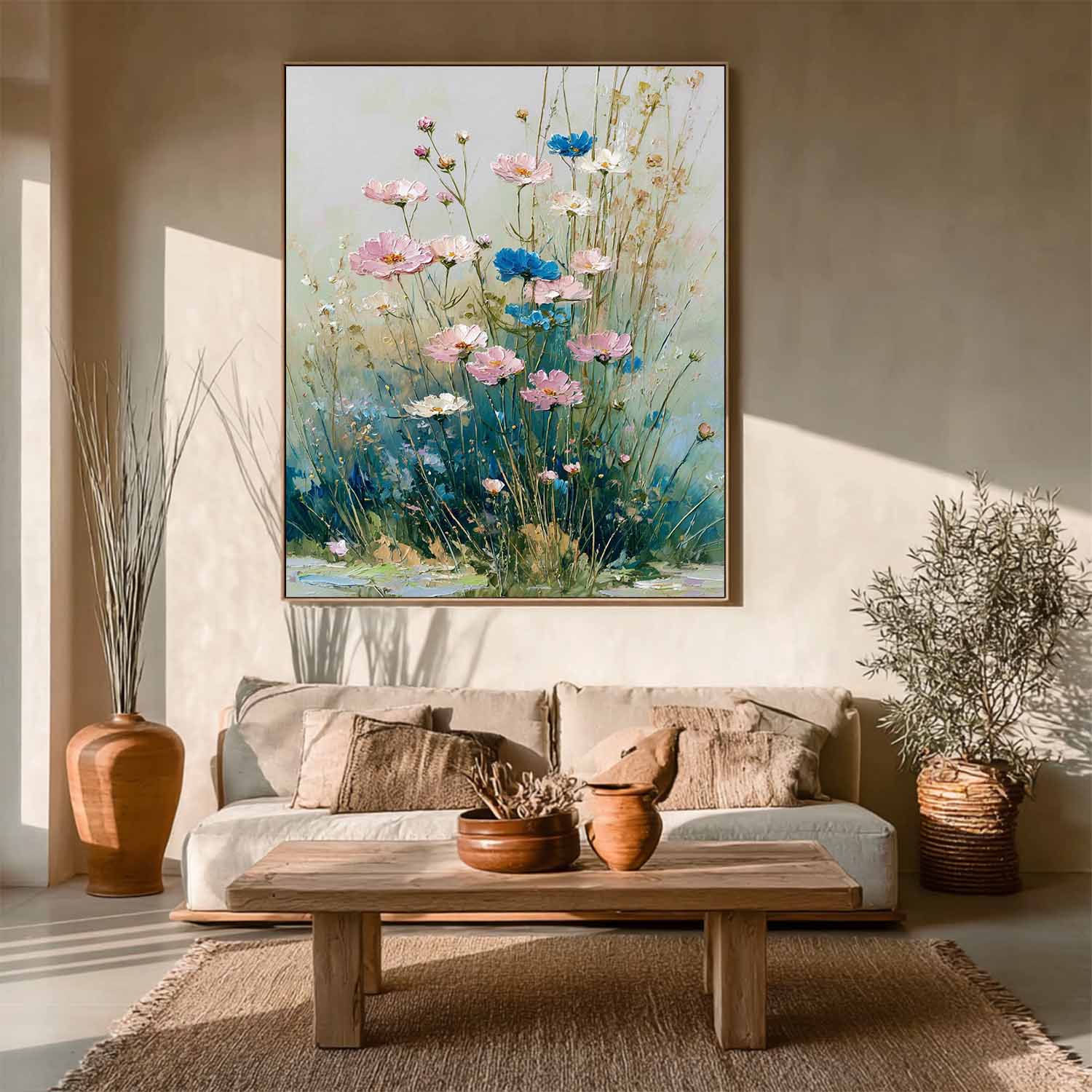 Large Bohemian Floral Oil Painting Canvas Colorful Wildflower Wall Art Vintage Style Decorative Art