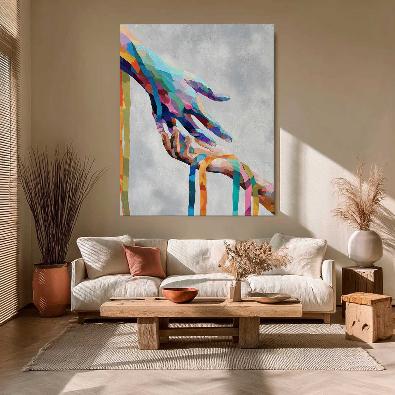 Vibrant Abstract Color Hands Connecting Art Modern Geometric Wall Decor Minimalist Unique Love & Unity Home Art