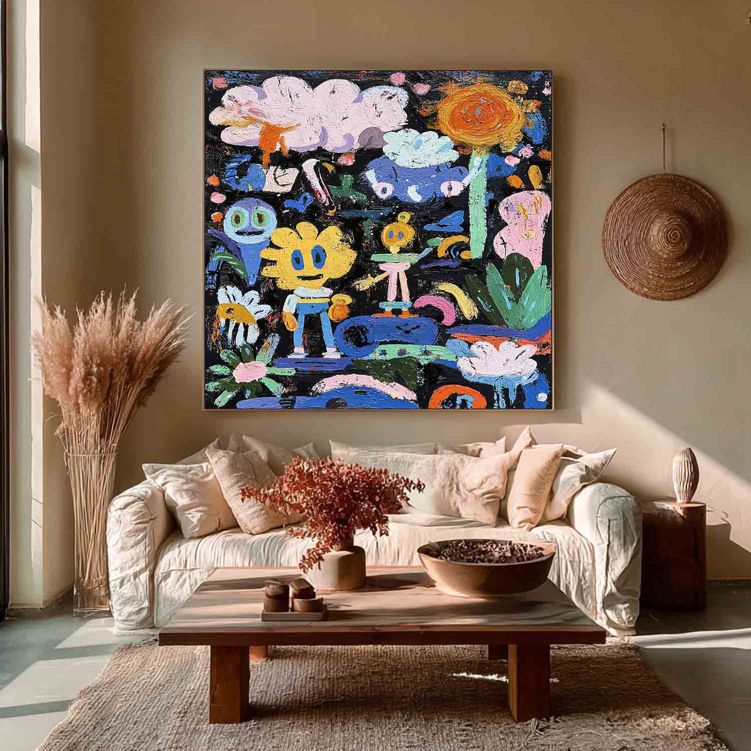 Colorful Doodle Impasto Oil Painting Whimsical Pop Art Vibrant Sun & Flower Abstract Playful Texture Artwork