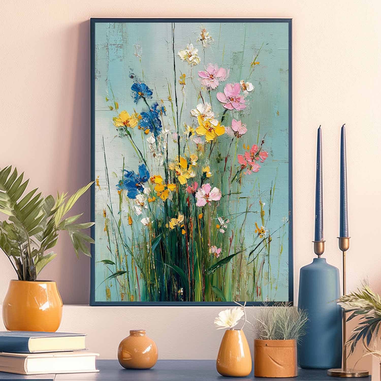 Large Pastel Bohemian Floral Painting Canvas Original Wildflower Wall Art Vintage Style Decorative Art