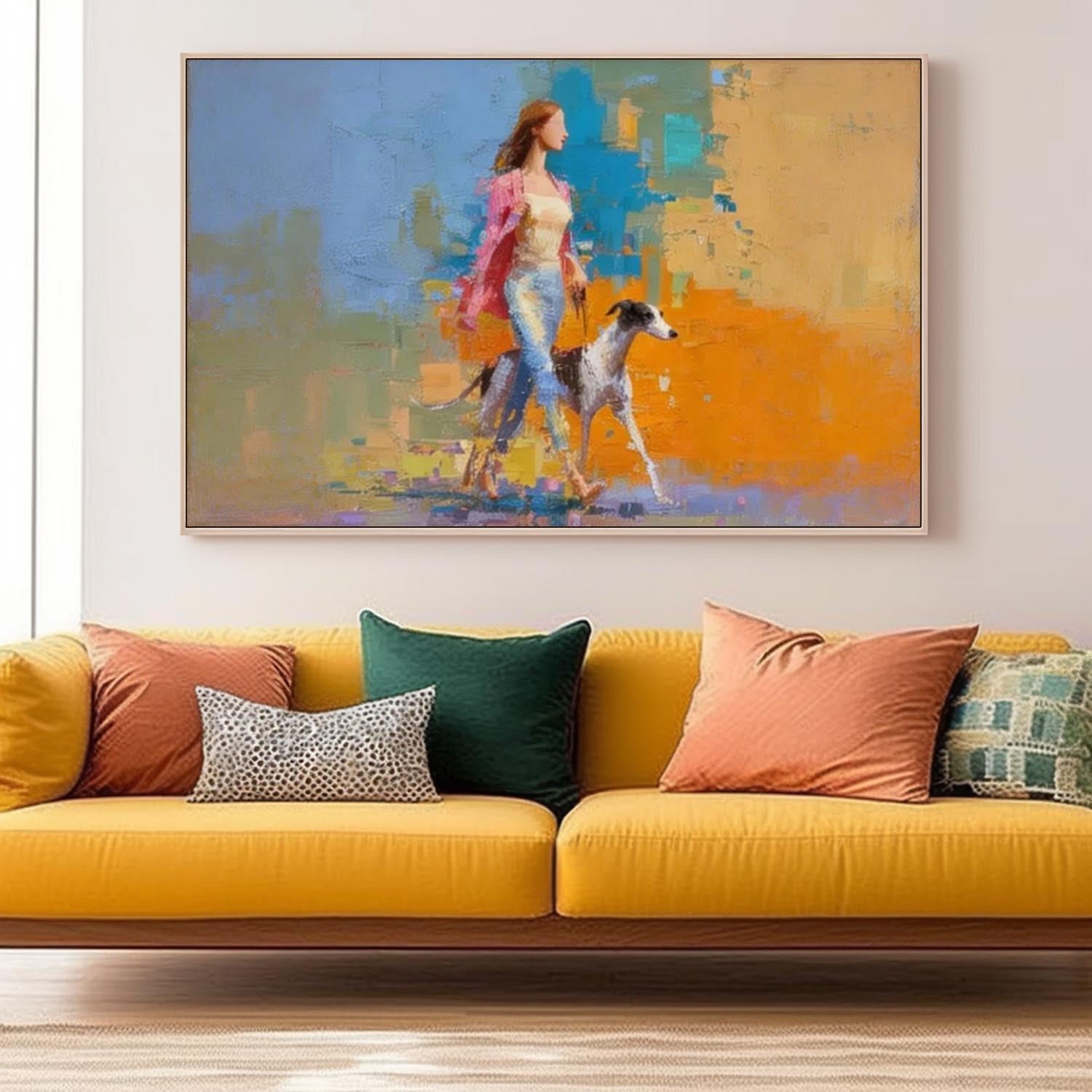 Modern Impressionist Painting Elegant Woman Walking Greyhound Dog Colorful Figurative Abstract Contemporary Art