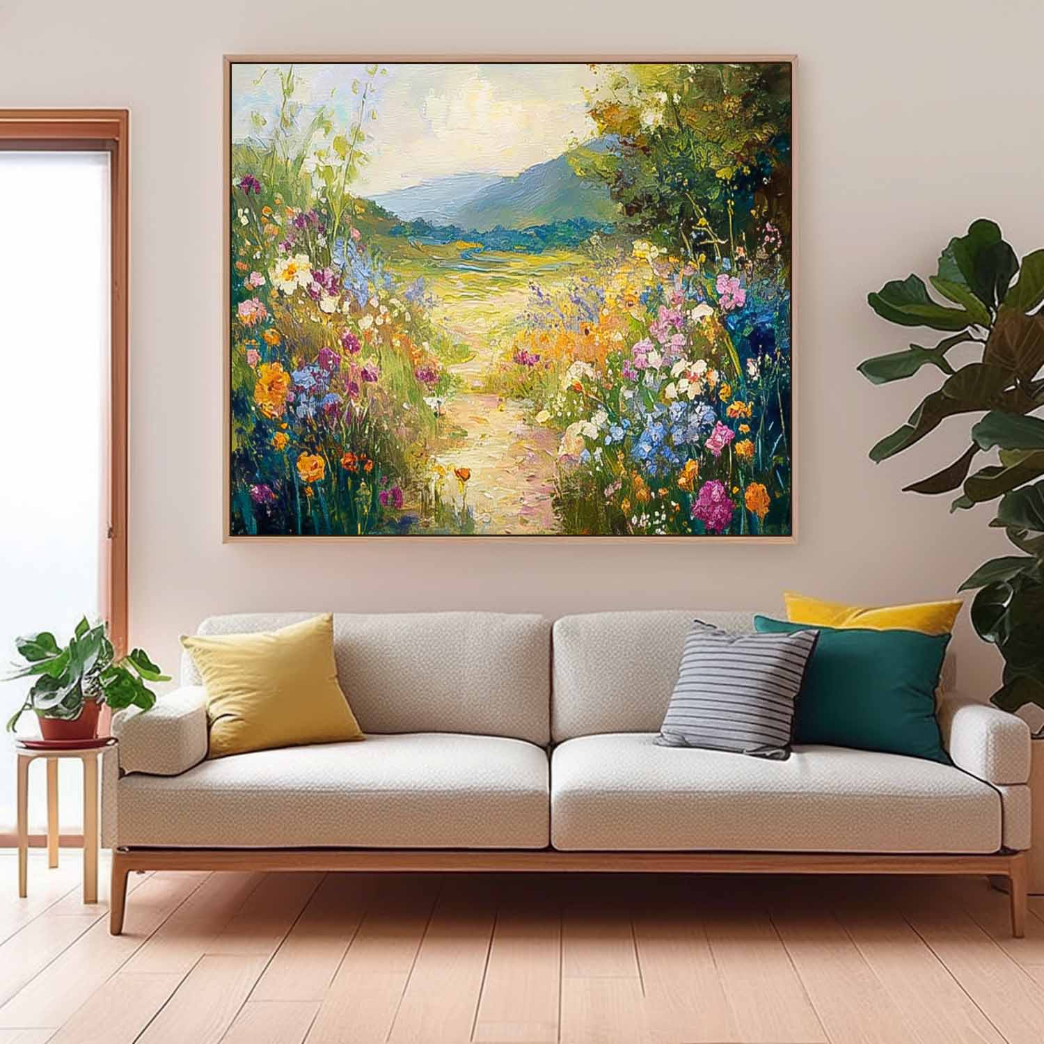 Impressionist Wildflower Meadow Landscape painting Textured Mountain Flower Field Artwork Rustic Nature Wall Art