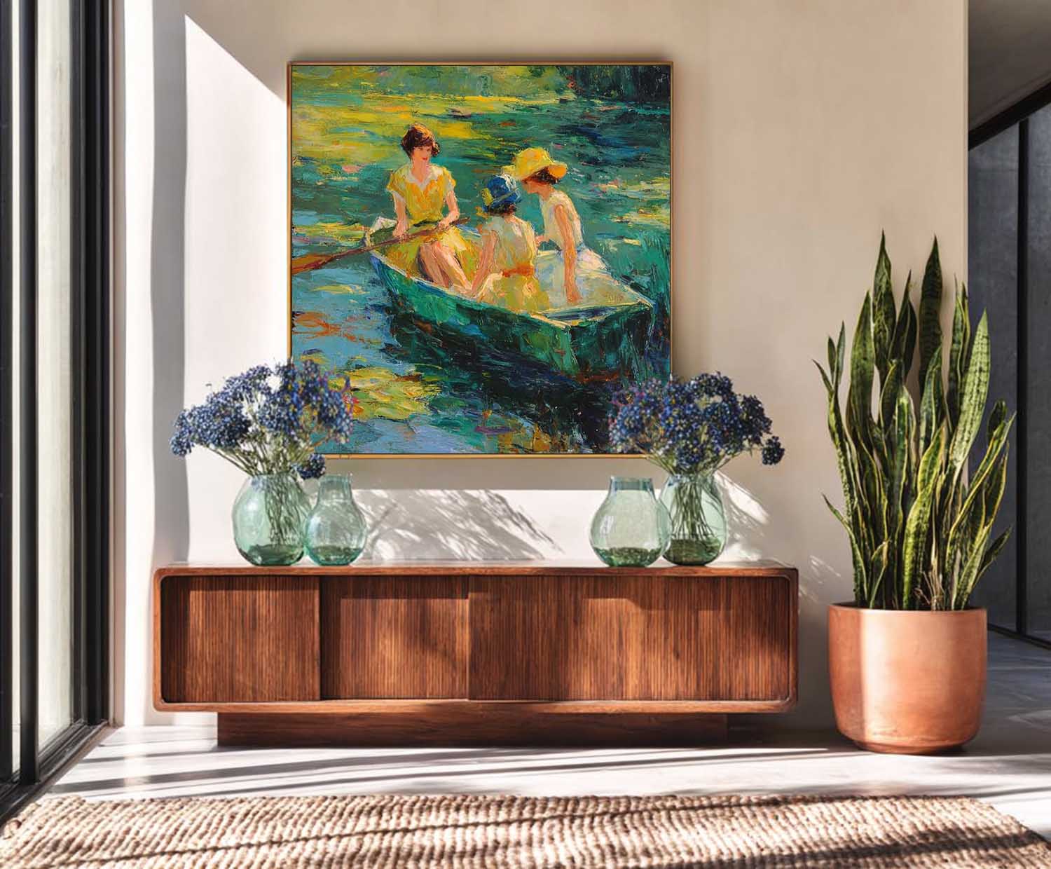 Hand-Painted Art Ladies In Vintage Yellow Dresses Boating On Lily Pond Impressionist Scene Home Wall Decor