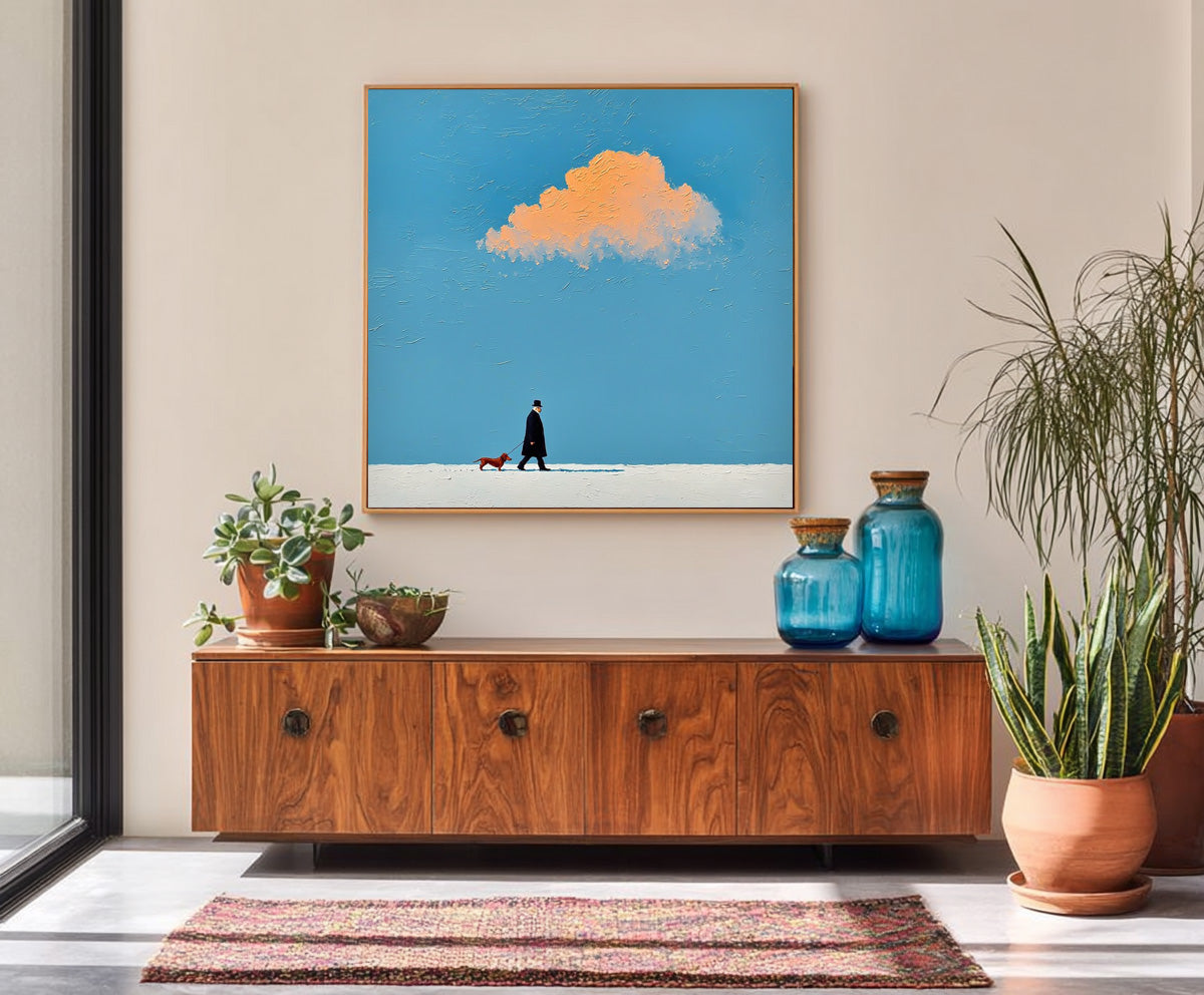 Original Minimalism Artwork Abstract Figure Painting Canvas Large Walking The Dog Wall Art Home Decor