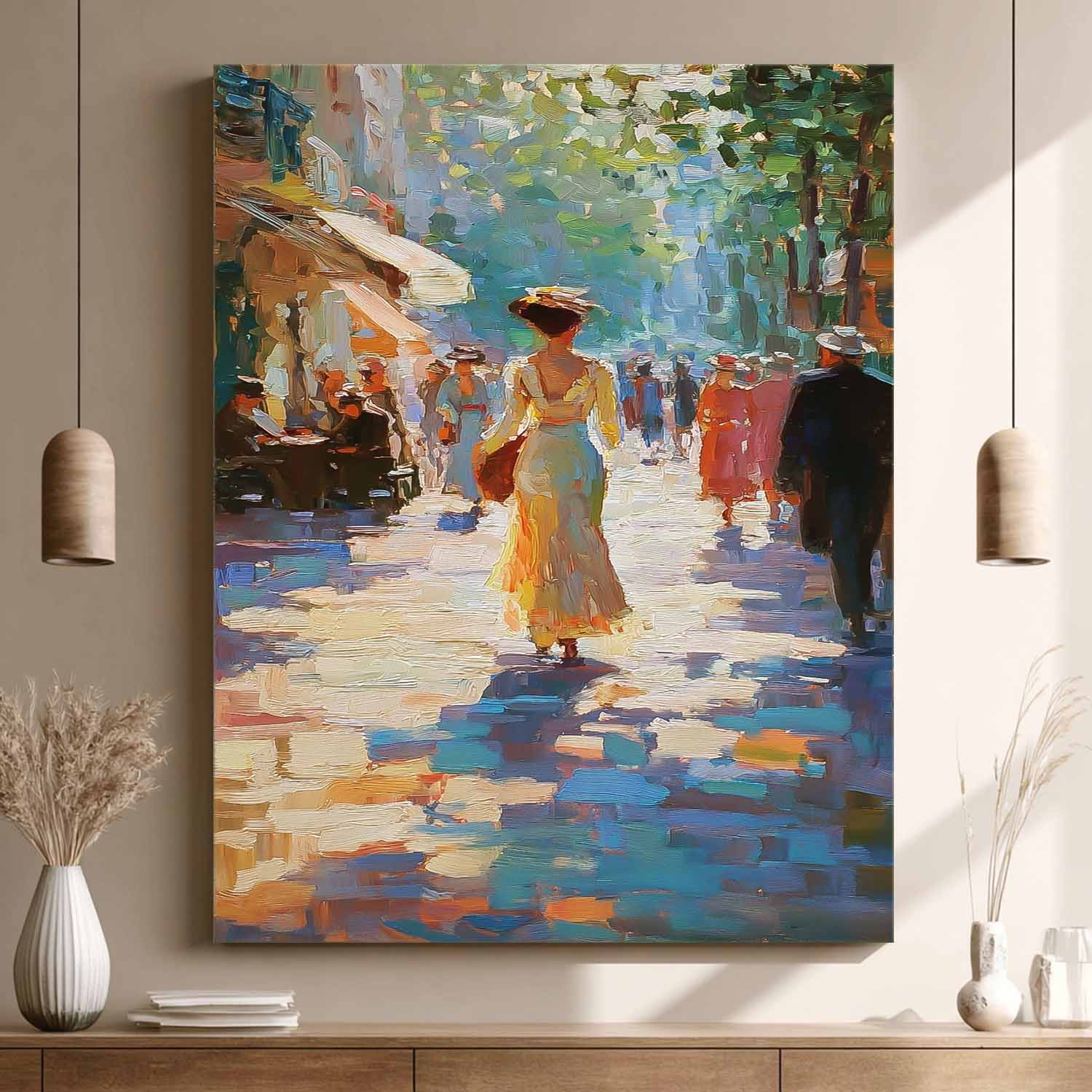 Large Vintage Sunlit Street Oil Painting Impressionist Canvas Wall Art Original Figure For Living Room Decor