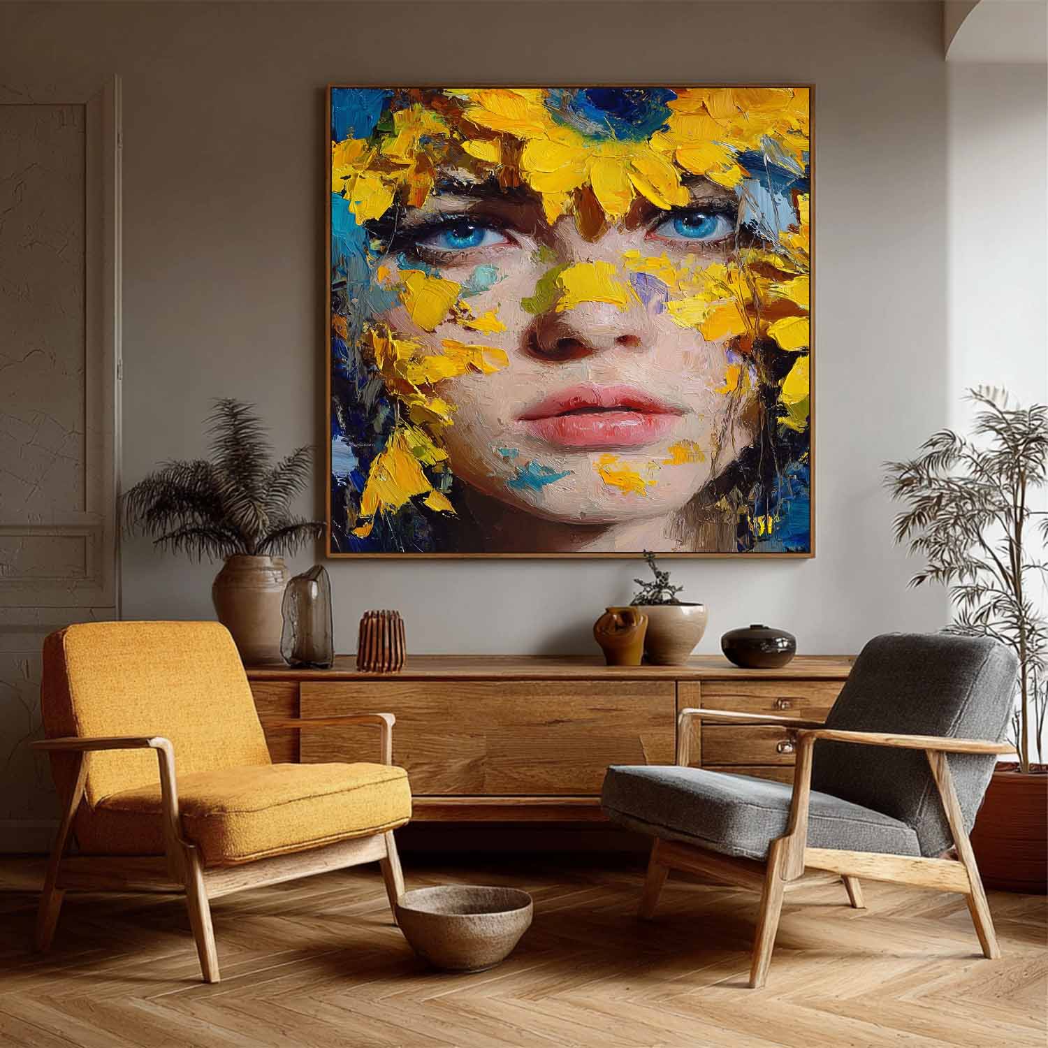 Original Painting Portrait With Sunflowers Modern Thick Brushstroke Wall Art Handmade Canvas Contemporary Artwork