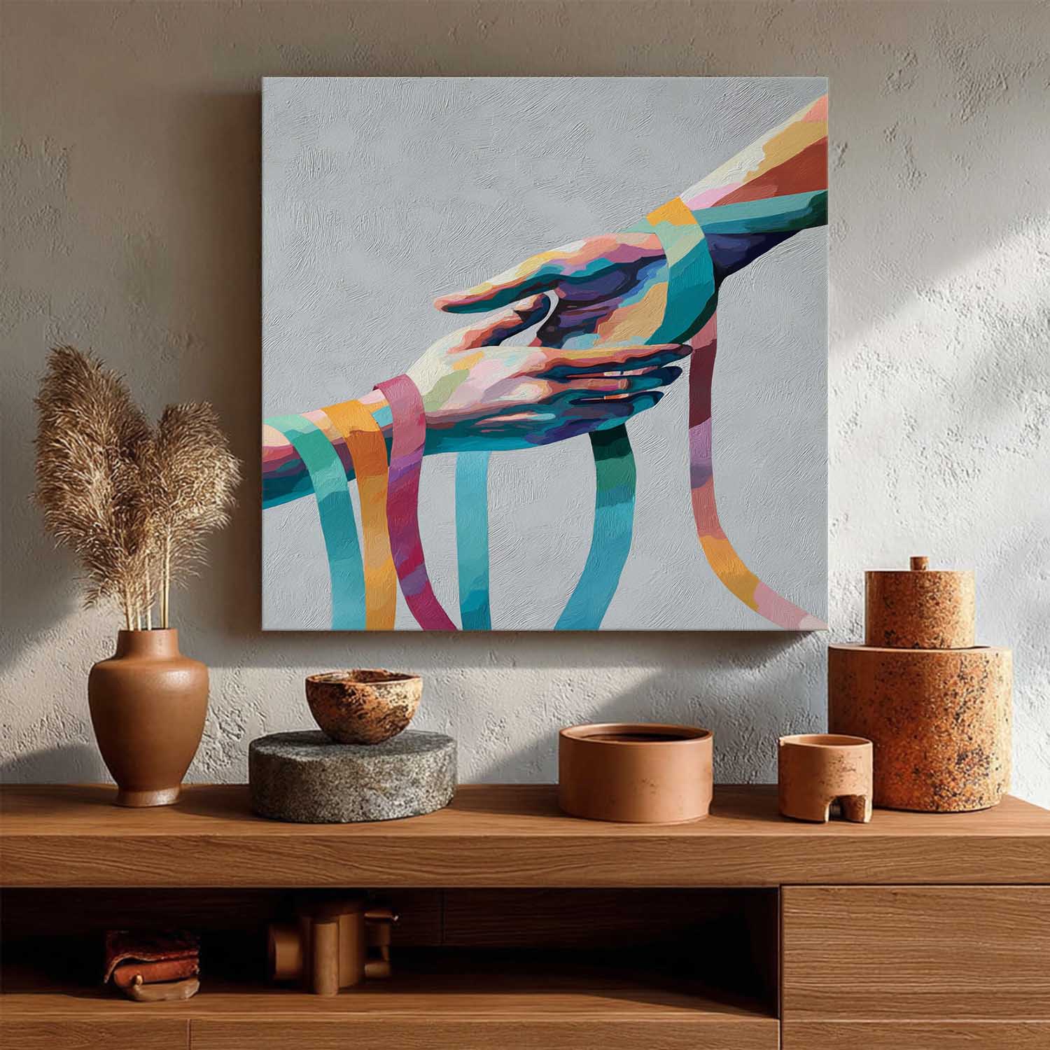 Rainbow Geometric Hands Art Abstract Colorful Wall Decor For Cozy Home Minimalist Yet Heartwarming Art Piece
