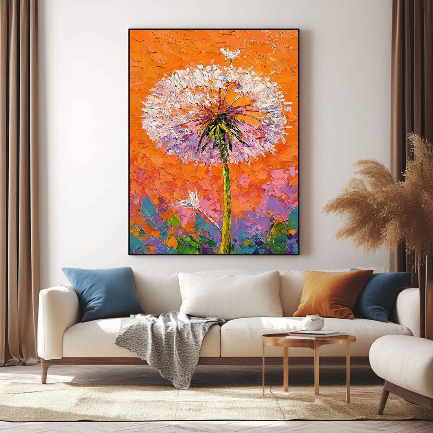 Vibrant Orange Dandelion Oil Painting 3D Textured Palette Knife Wall Art Modern Abstract Floral Canvas