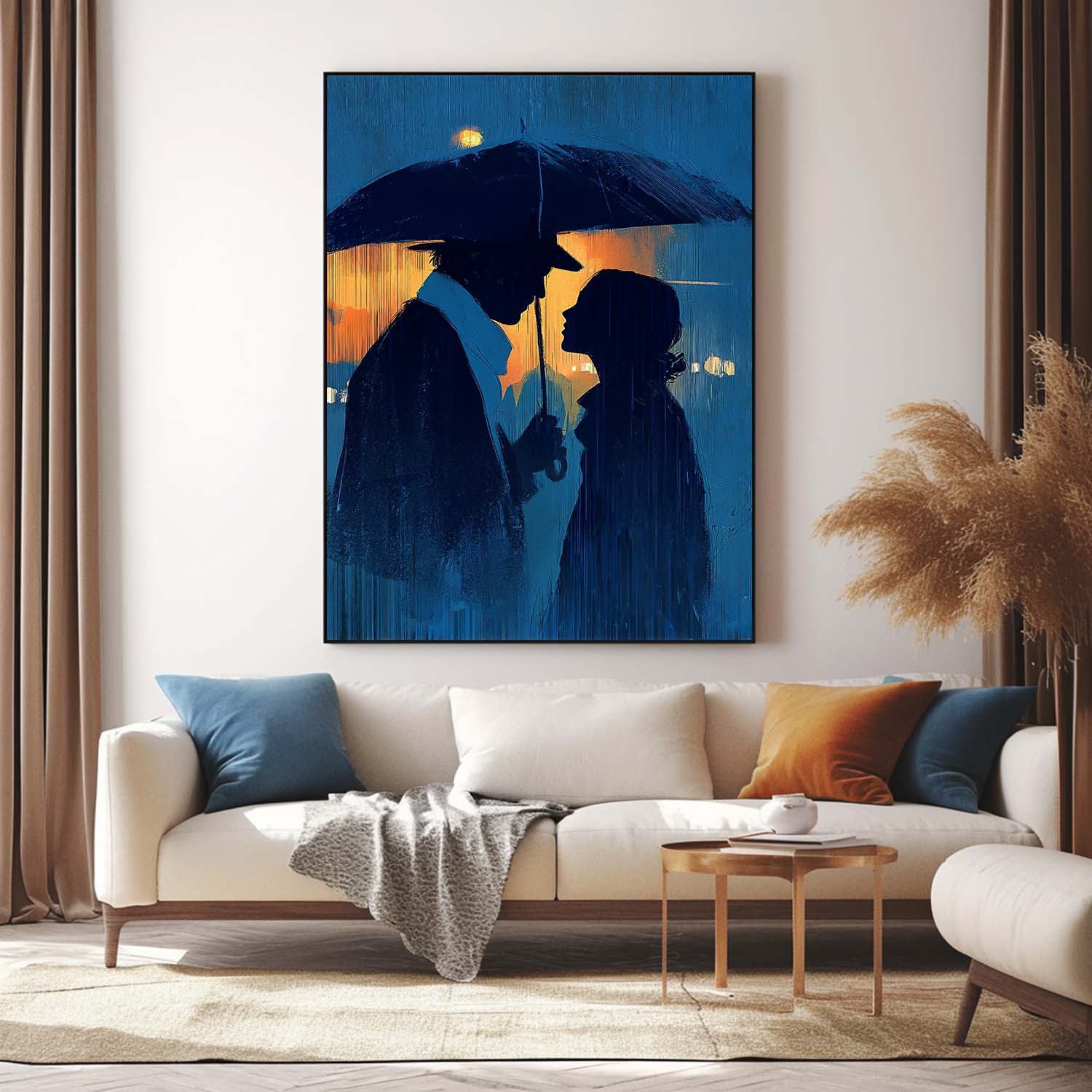 Original Couple In Rain Oil Painting Moody Blue Night Art Unique Gift For Couples Romantic Wall Art Canvas