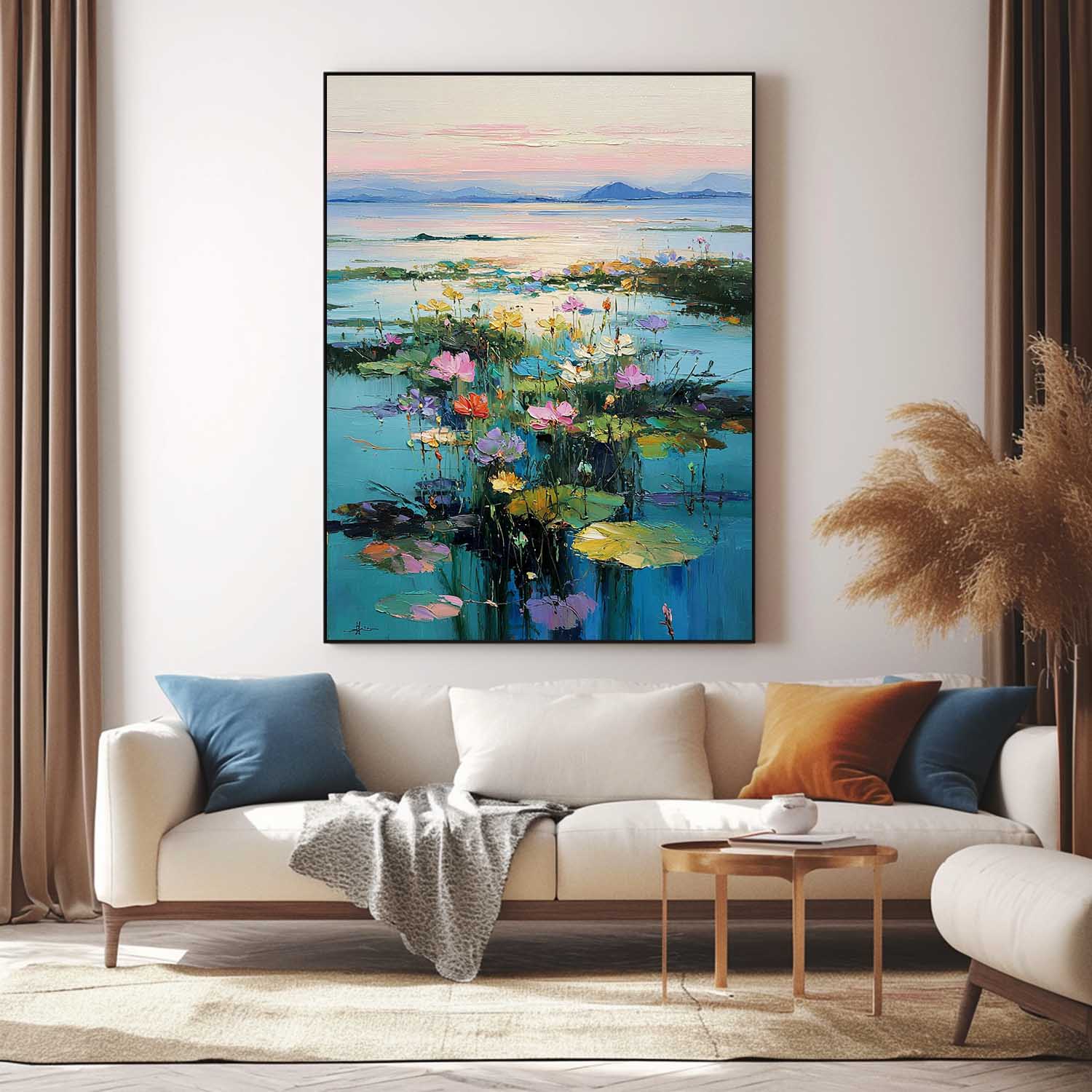 Colorful Lake & Floral Oil Painting Modern Landscape Wall Art Home Decor Large Sunset Nature Artwork