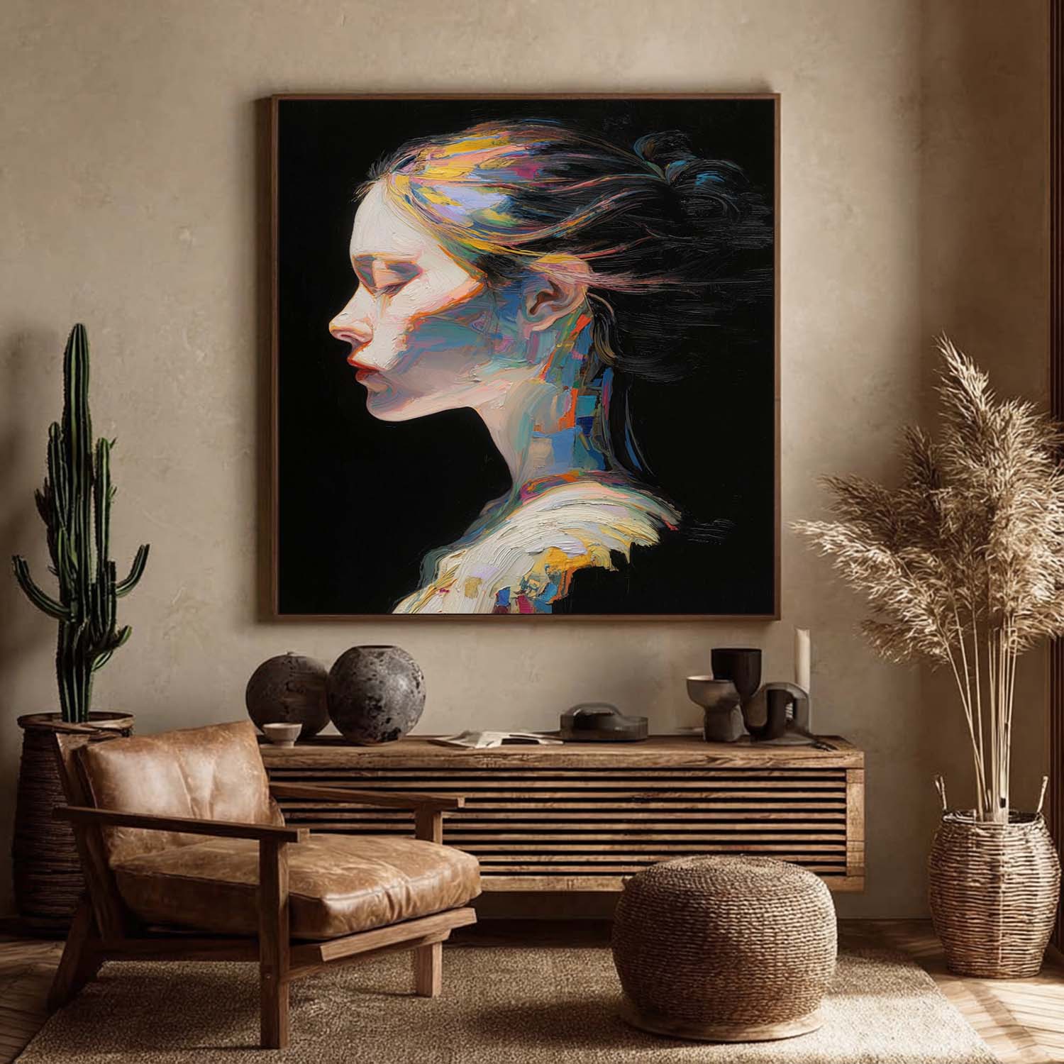 Enchanting Multicolor Abstract Side Profile Portrait Expressive Oil Painting With Flowing Hues Boho Art