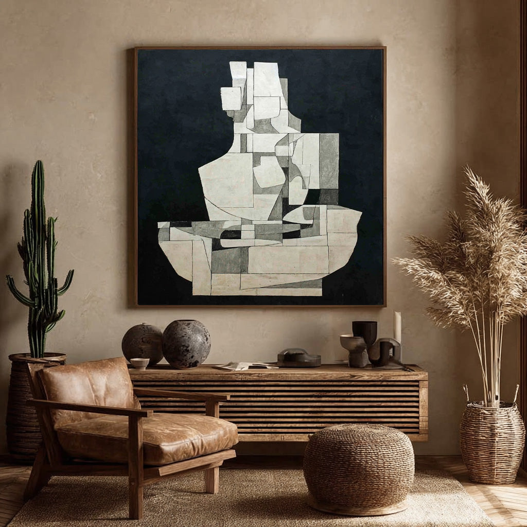 Abstract Geometric Black White Canvas Painting Minimalist Wall Art Modern Decor For Interior Design