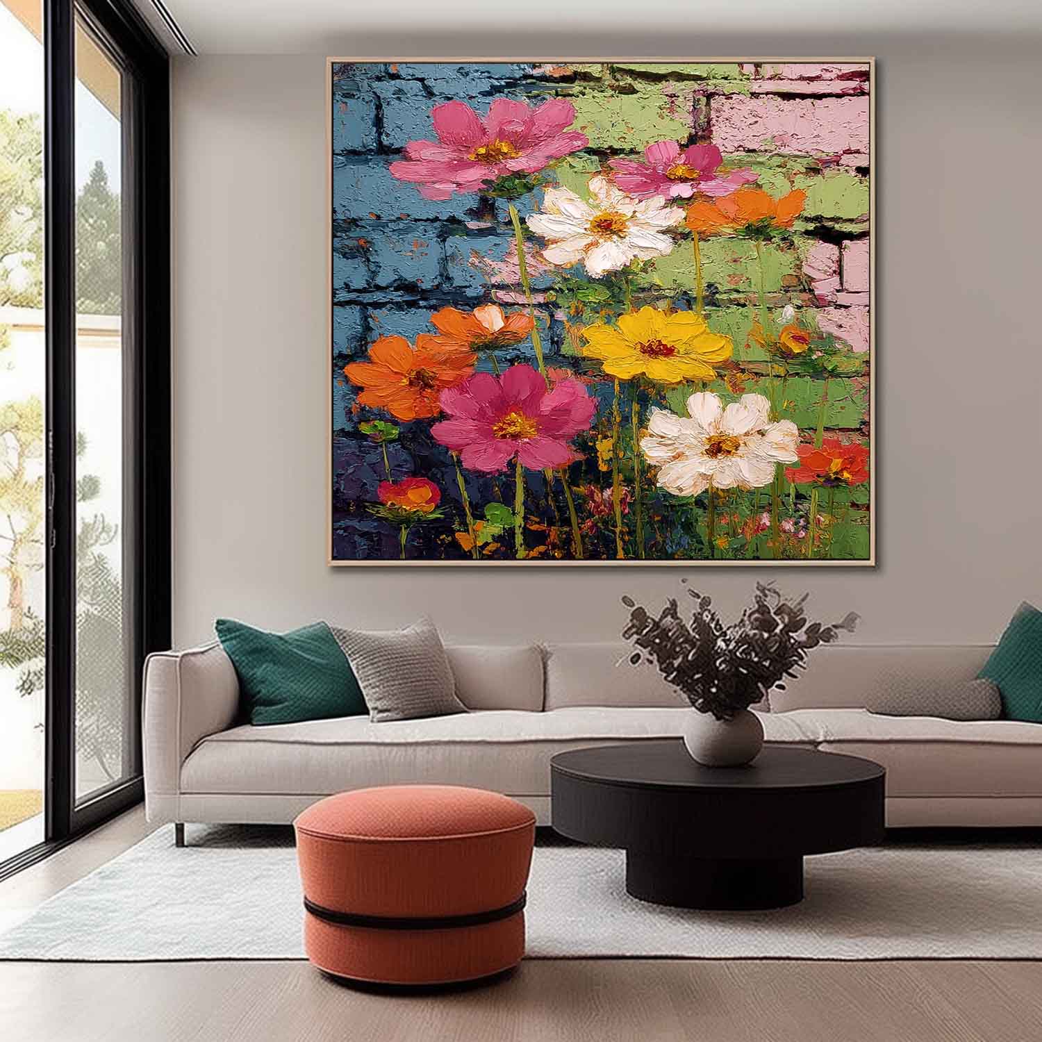 Colorful Flowers Canvas Vibrant Urban Street Art Style Floral Wall Hanging Modern Textured Floral Oil Painting