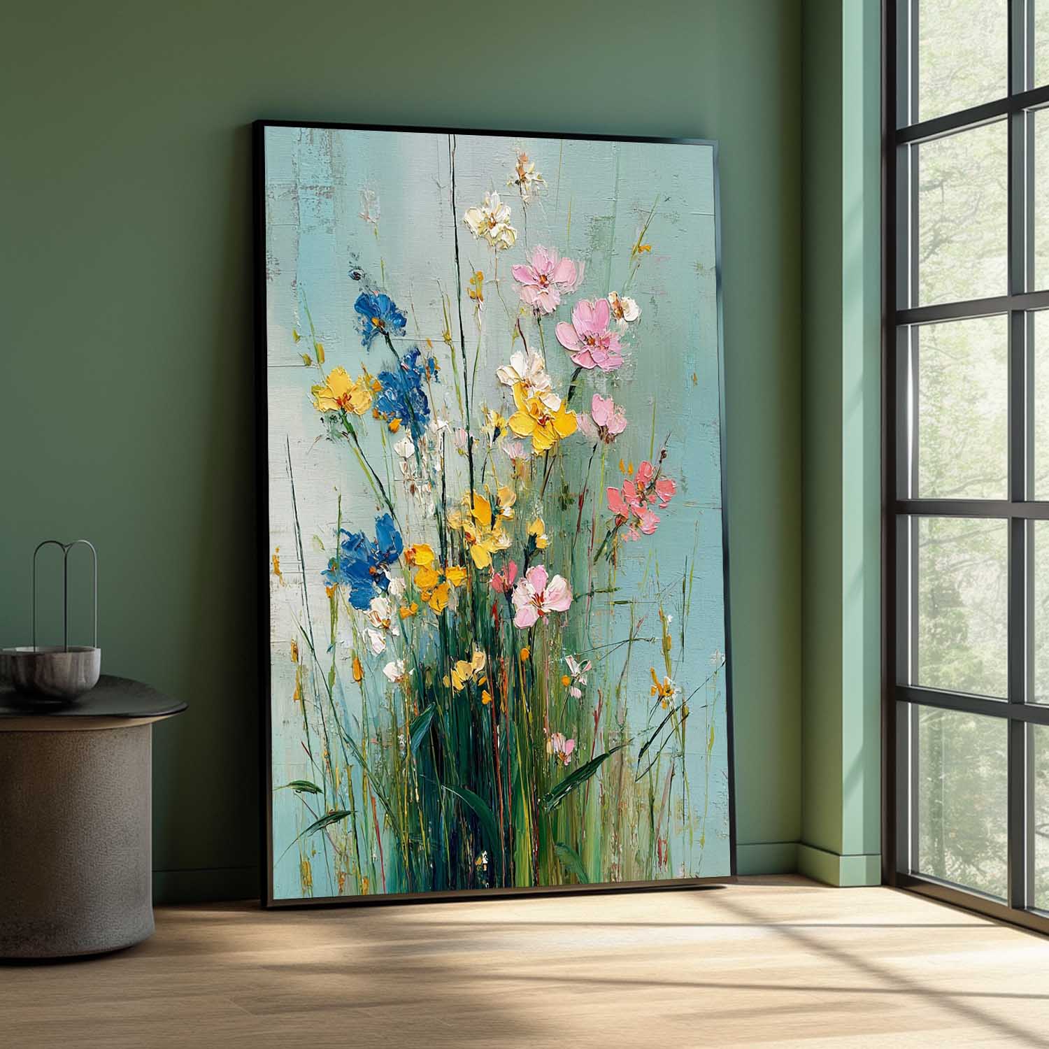 Large Pastel Bohemian Floral Painting Canvas Original Wildflower Wall Art Vintage Style Decorative Art