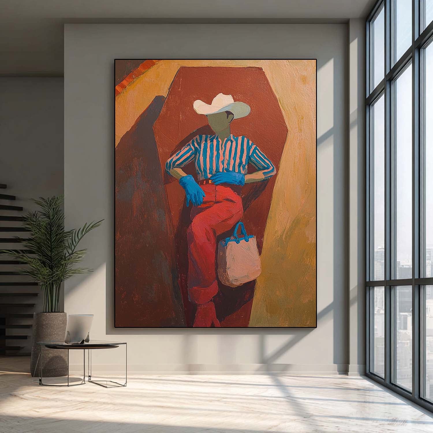 Original Retro Cowboy-Inspired Fashion Outfit painting Textured Abstract People Wall Art For Living Room