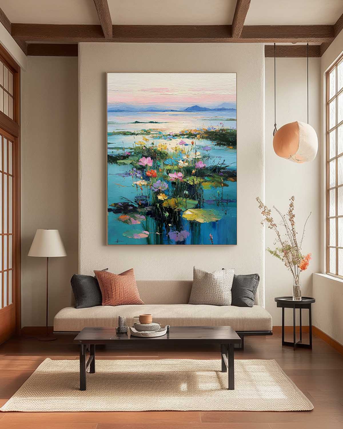 Colorful Lake & Floral Oil Painting Modern Landscape Wall Art Home Decor Large Sunset Nature Artwork