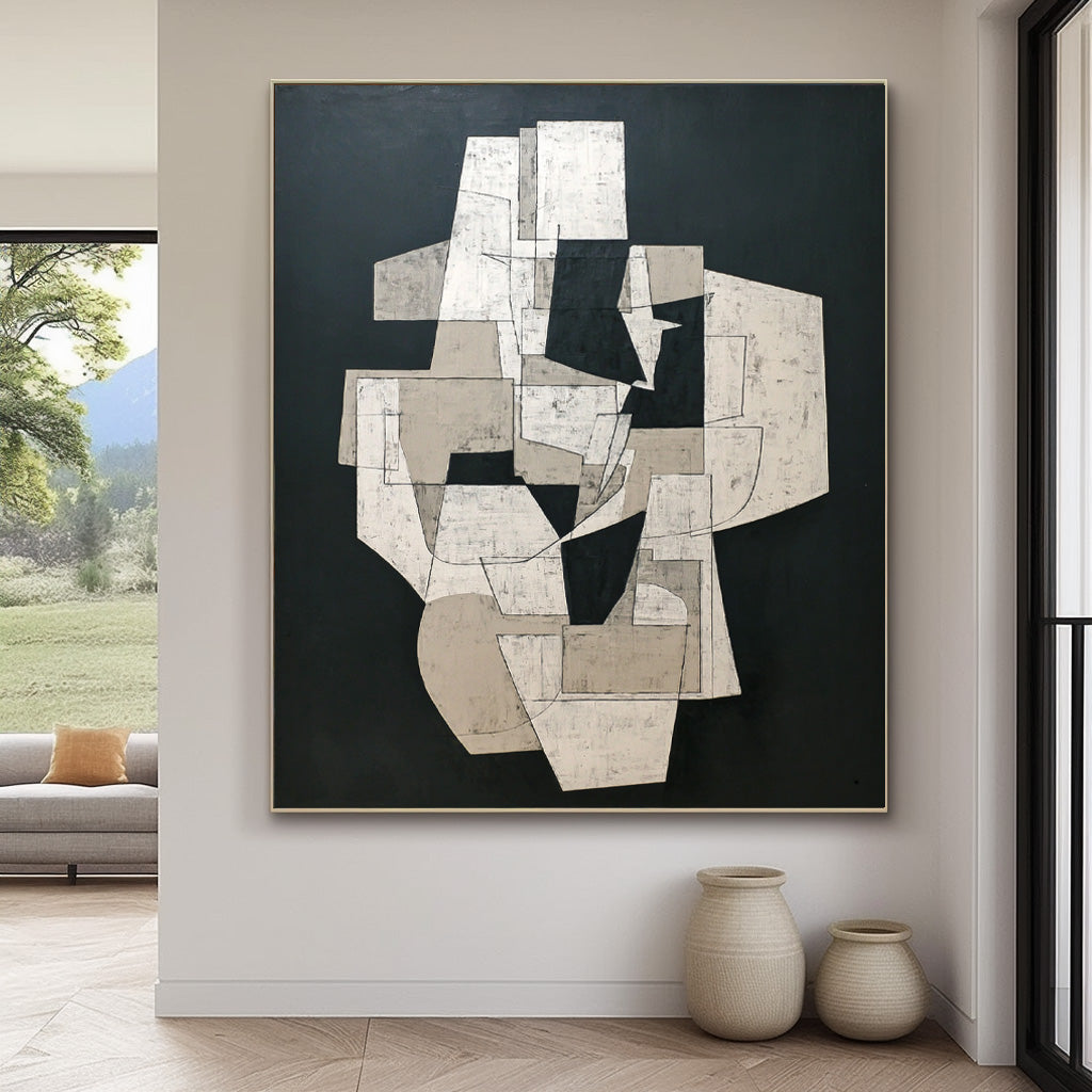 Abstract Geometric Wall Art Modern Black White Painting Contemporary Minimalist Decor Unique Canvas Art