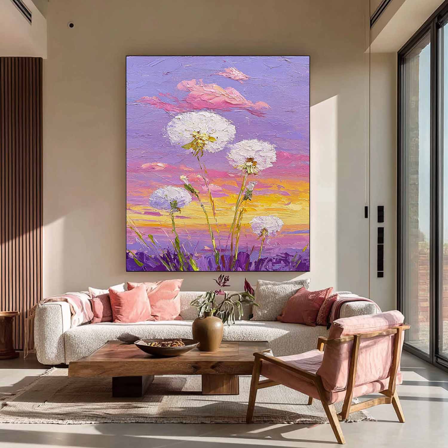 Vertical Dandelion Wall Art Textured Purple Sunset Oil Painting Vibrant Meadow Floral Art Decor