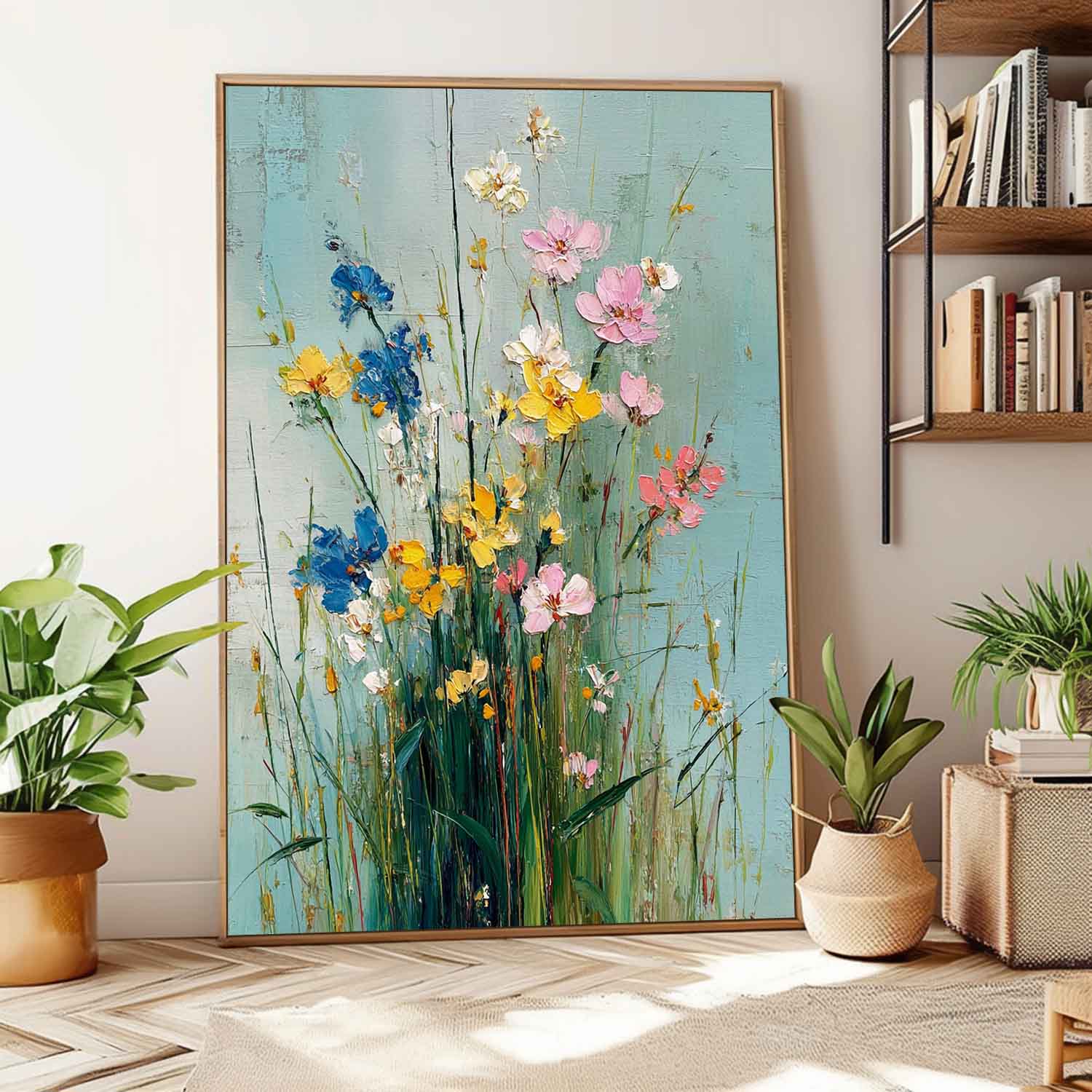 Large Pastel Bohemian Floral Painting Canvas Original Wildflower Wall Art Vintage Style Decorative Art