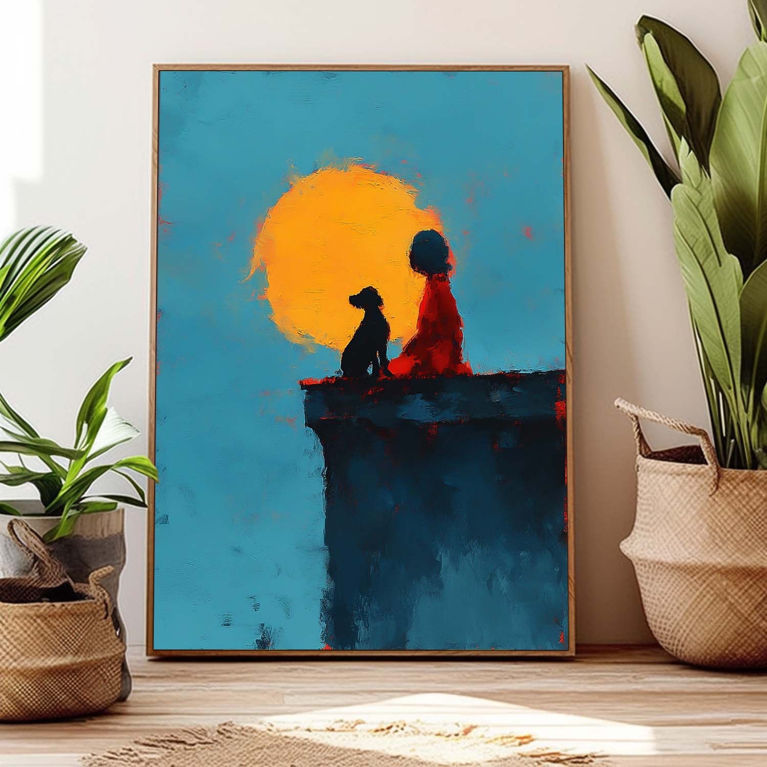 Minimalist Girl And Dog Painting Meaningful Gift Abstract Sunset Canvas Impressionist Textured Fine Art