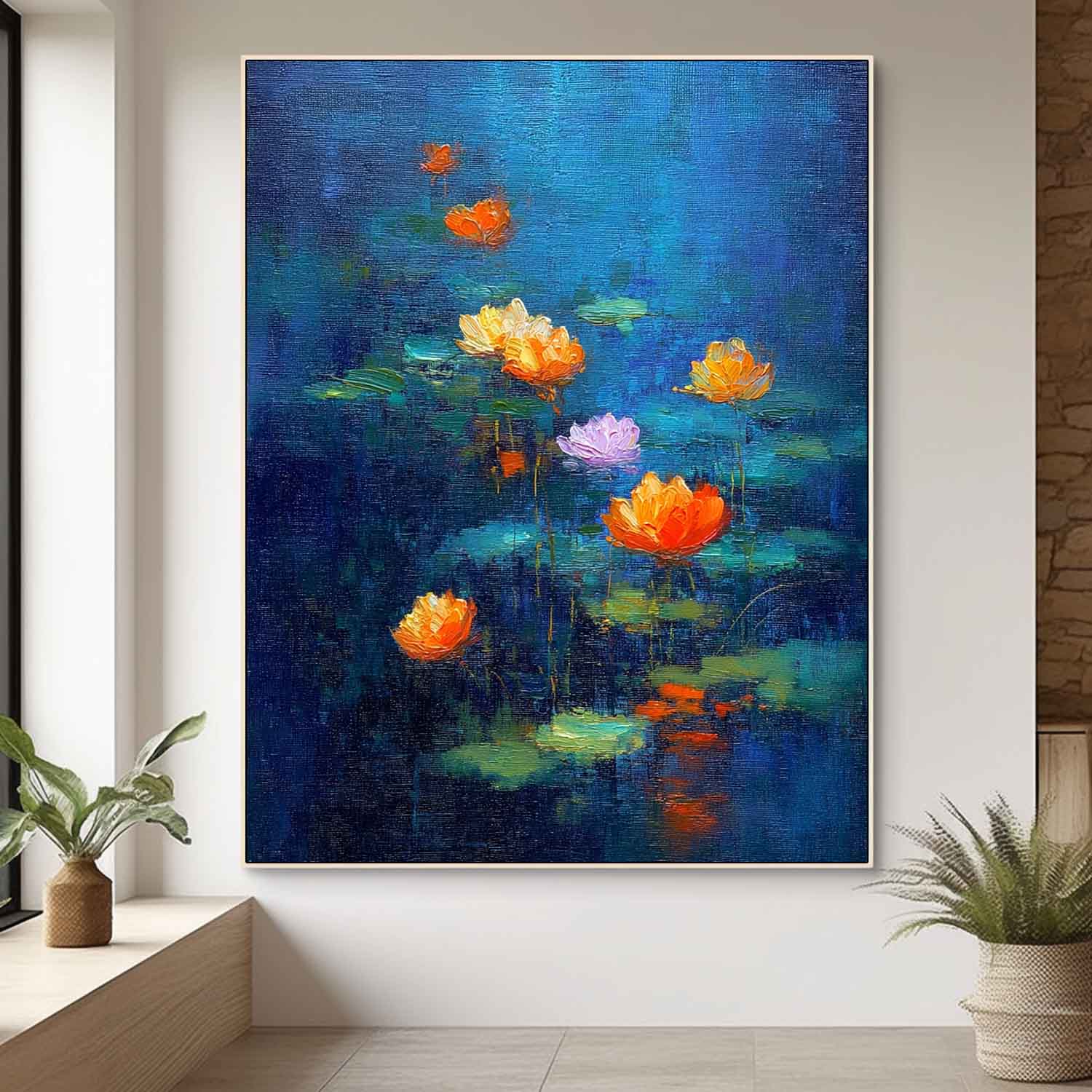 Blue Toned Abstract Lotus Flower Oil Painting on Canvas Modern Wall Art Hand-Painted Lotus Pond Artwork