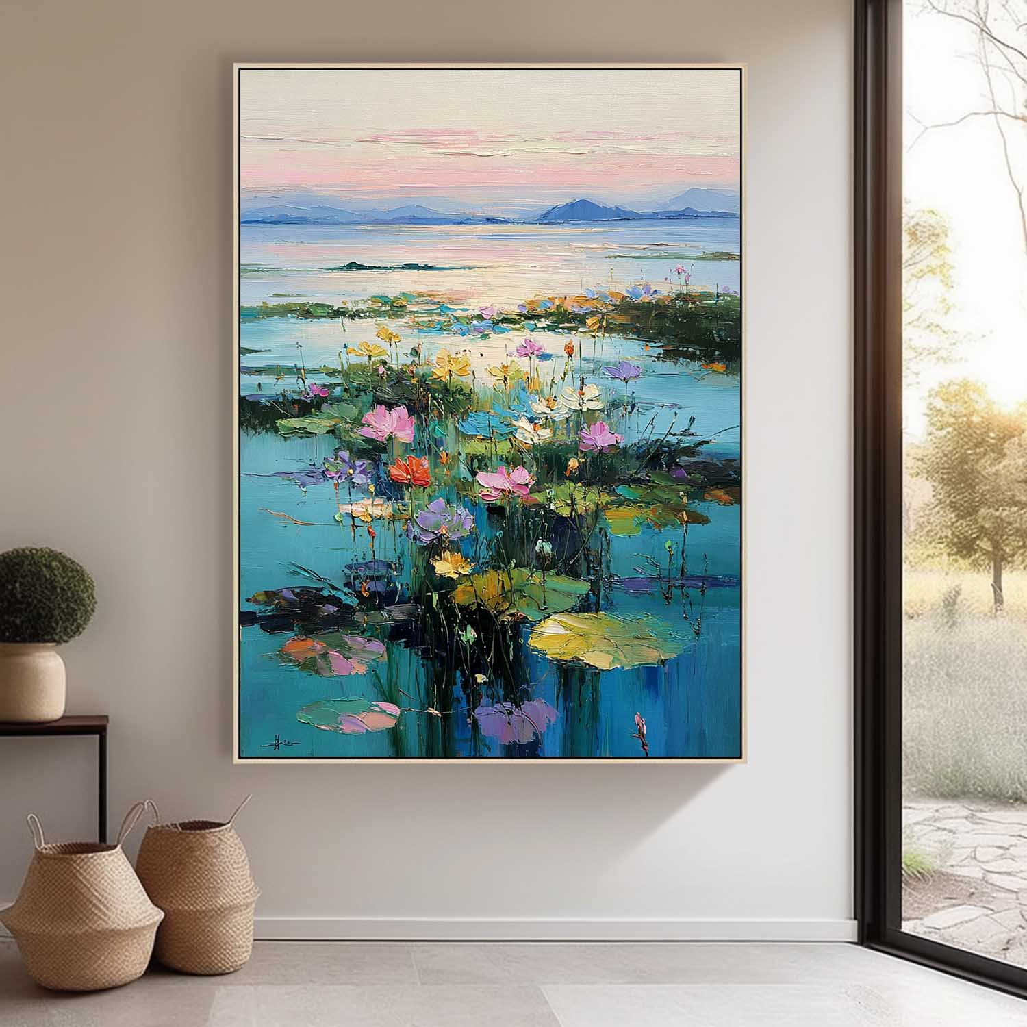 Colorful Lake & Floral Oil Painting Modern Landscape Wall Art Home Decor Large Sunset Nature Artwork