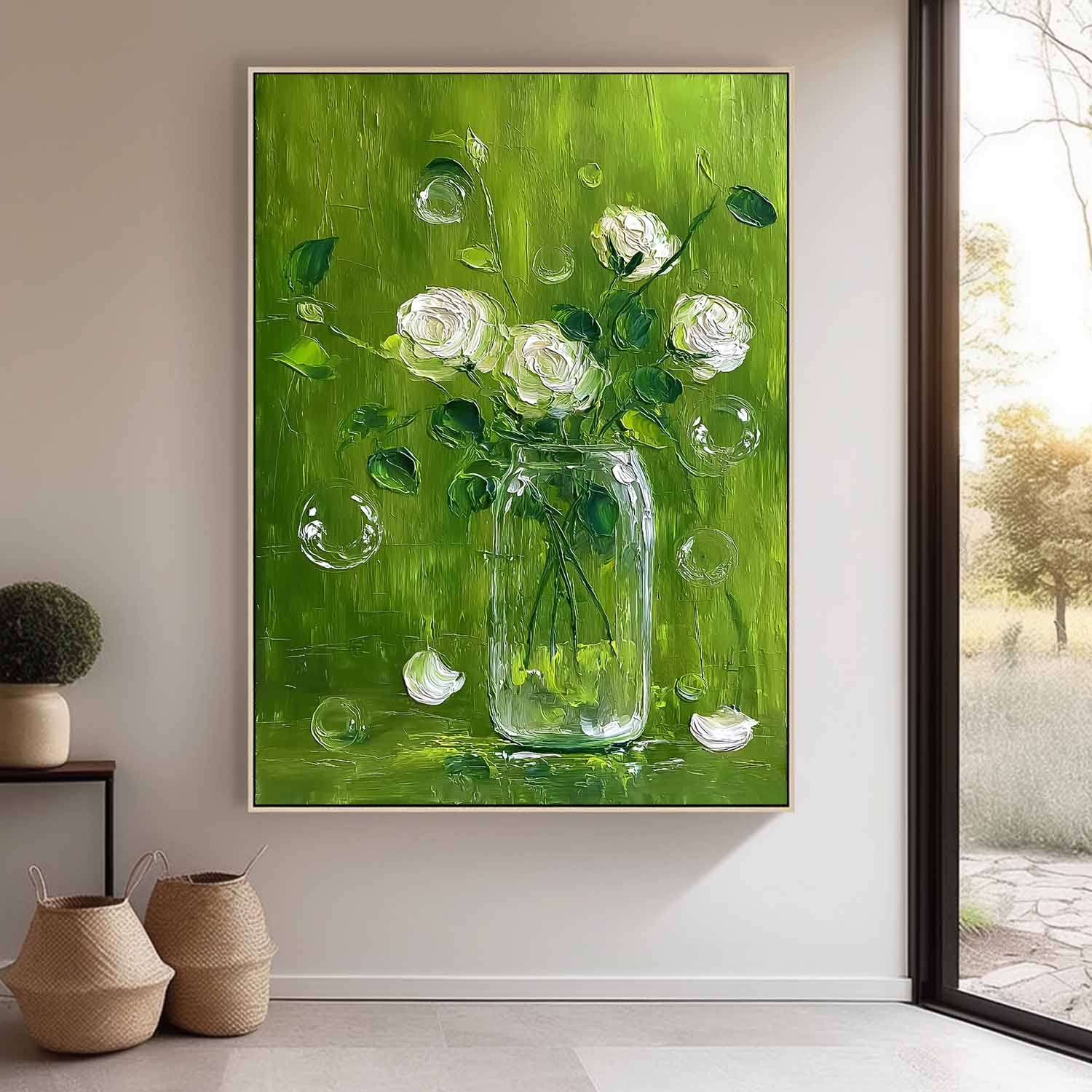 Impasto White Roses Oil Painting Canvas Modern Green Floral Wall Art 3D Textured Flower Bouquet In Glass Vase