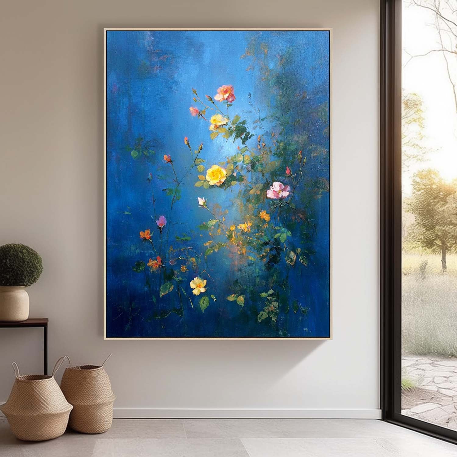 Modern Wall Art Hand-Painted Lotus Pond Artwork Blue Toned Abstract Lotus Flower Oil Painting On Canvas