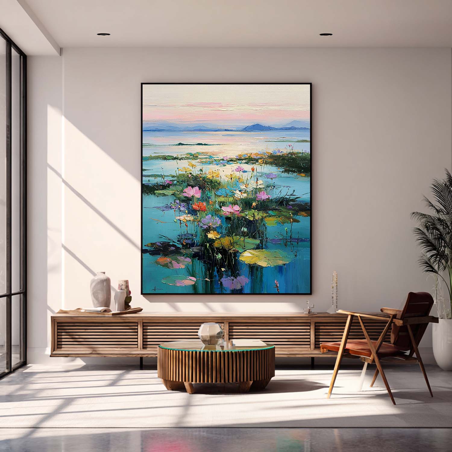 Colorful Lake & Floral Oil Painting Modern Landscape Wall Art Home Decor Large Sunset Nature Artwork