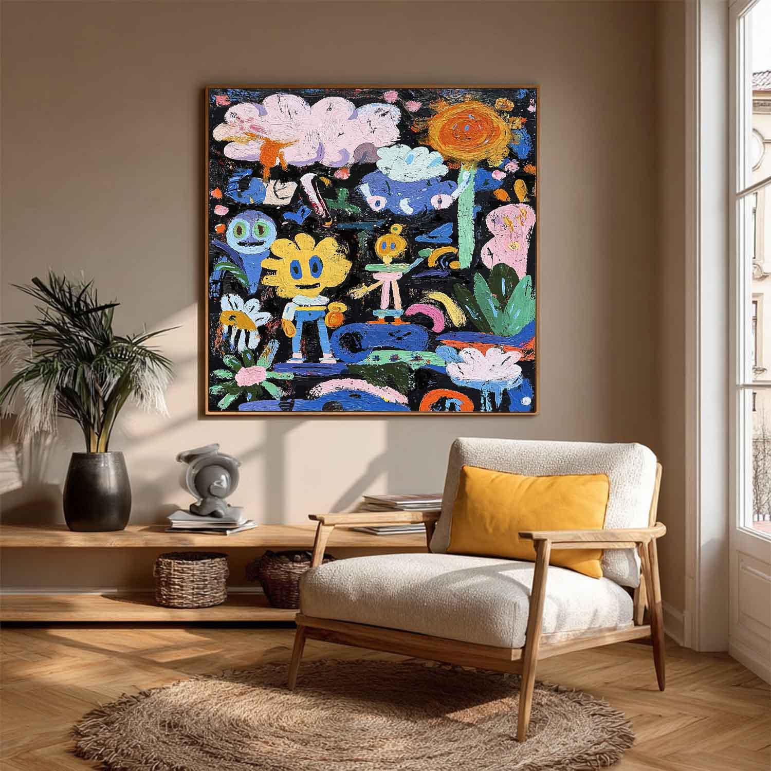 Colorful Doodle Impasto Oil Painting Whimsical Pop Art Vibrant Sun & Flower Abstract Playful Texture Artwork