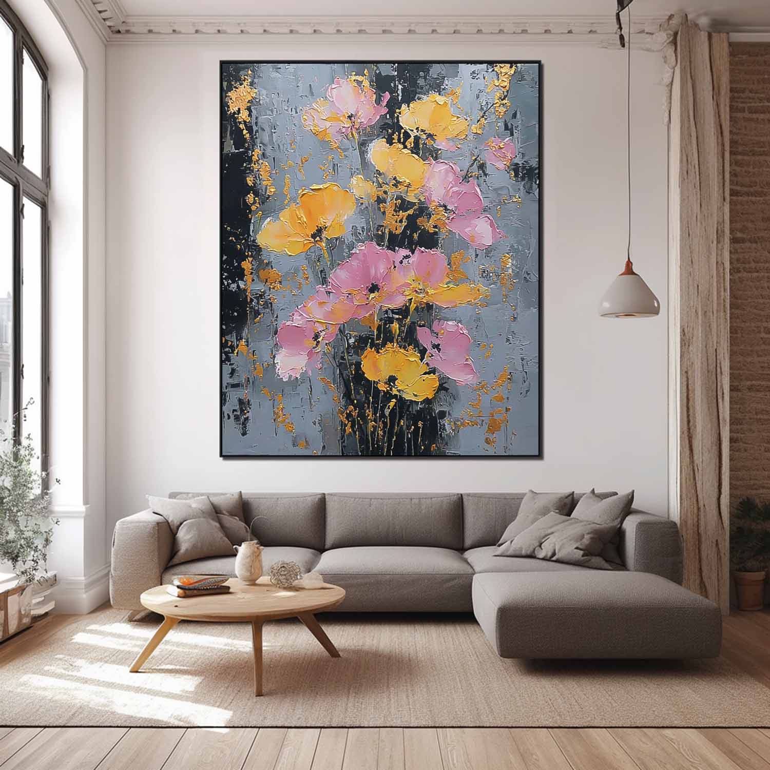 Modern Abstract Floral Oil Painting Pink & Gold Impasto Wall Art Textured Flower Palette Knife Artwork