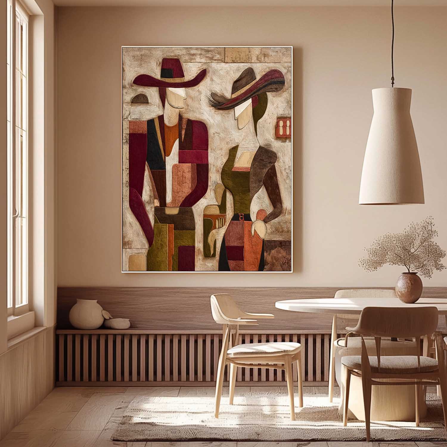 Abstract Cowboy Couple Painting Wall Art Vintage Style Retro Tonal Geometric Figures Textured Modern Home Decor