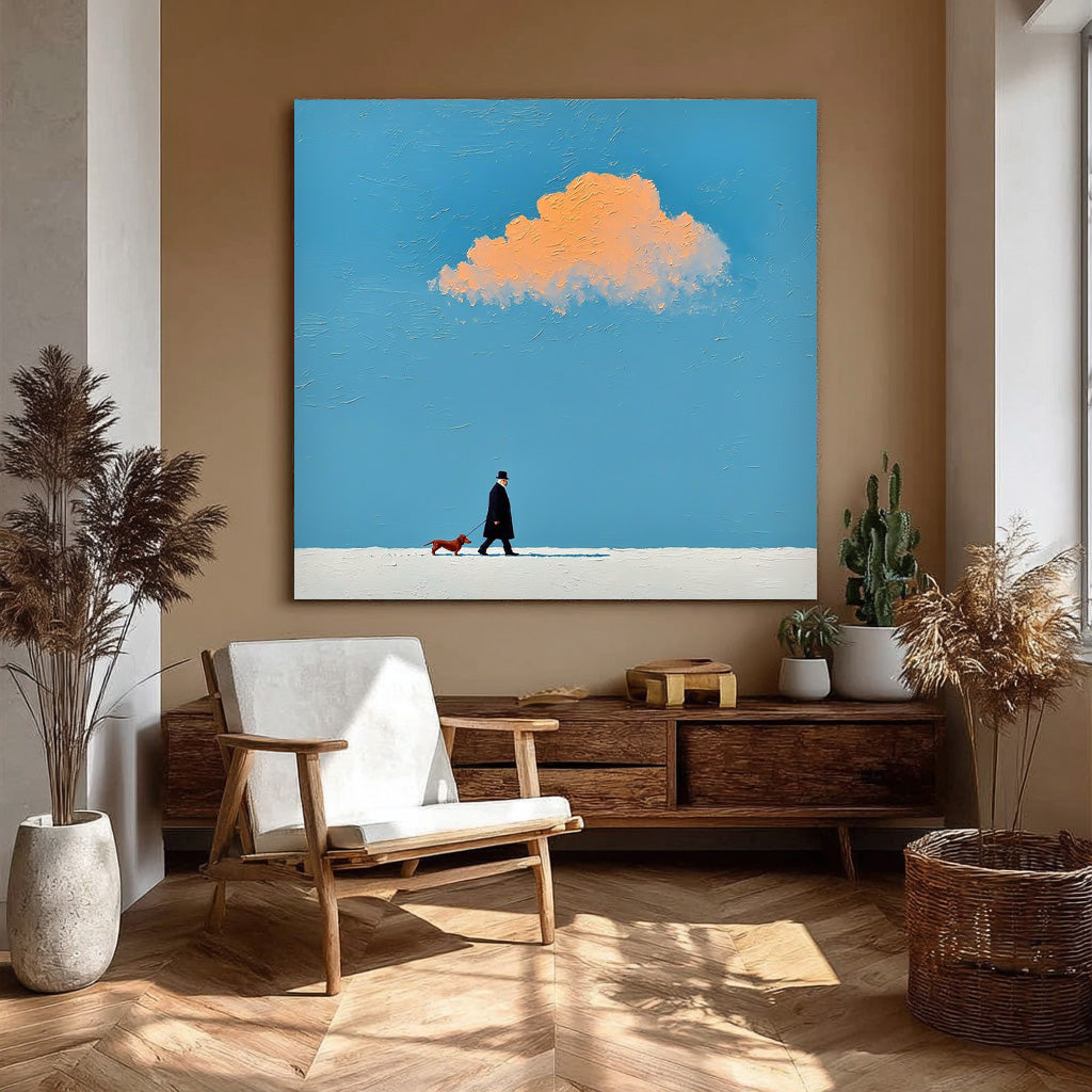Original Minimalism Artwork Abstract Figure Painting Canvas Large Walking The Dog Wall Art Home Decor