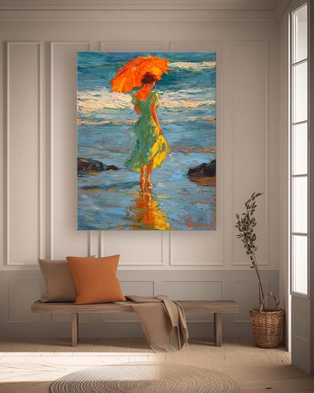 Original Impressionist Painting Lady In Green Dress With Orange Parasol Strolling Seashore Unique Art