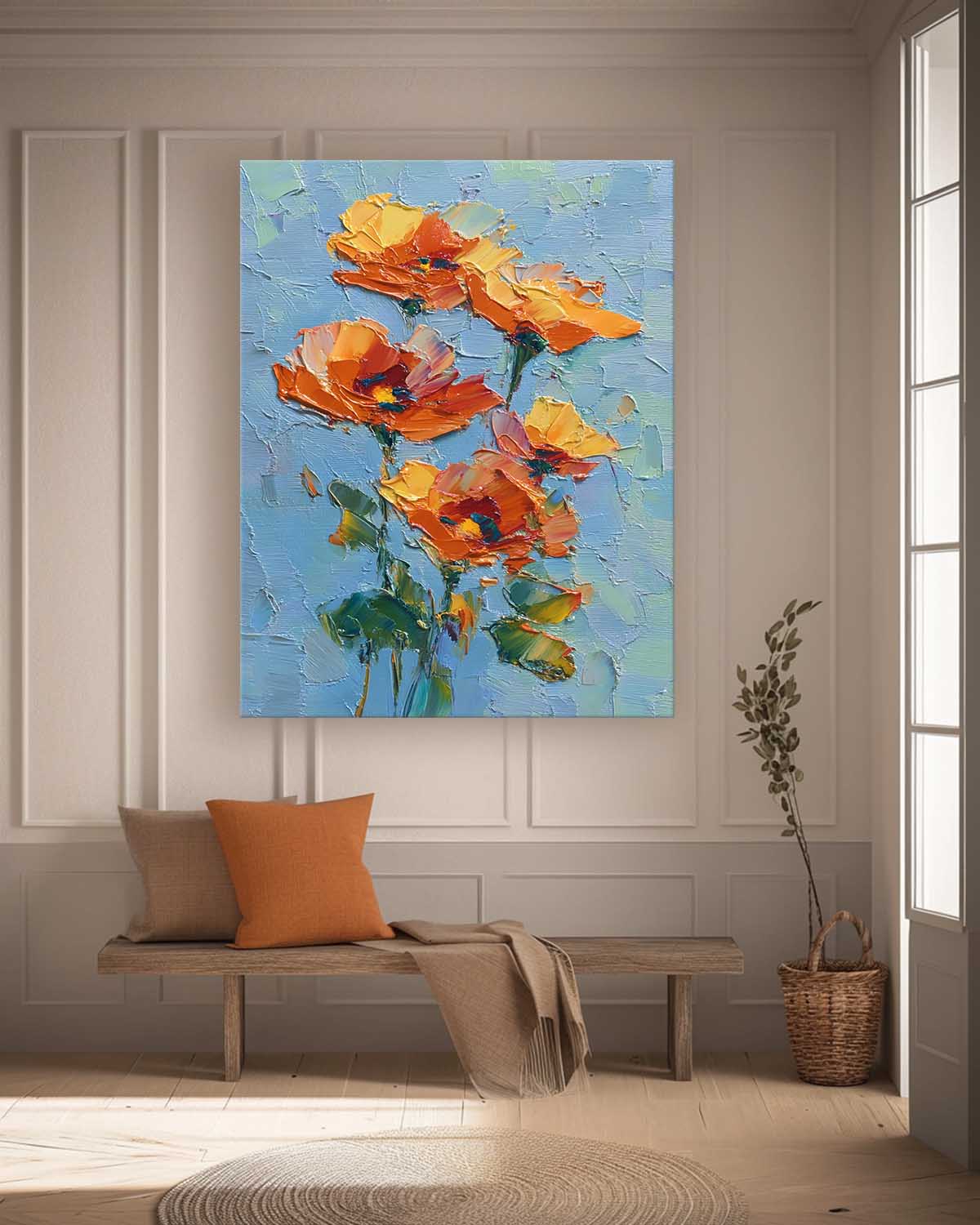 Vibrant Orange-Yellow Blooms On Teal Background Impasto Oil Floral Bouquet Wall Art Textured Modern Home Decor