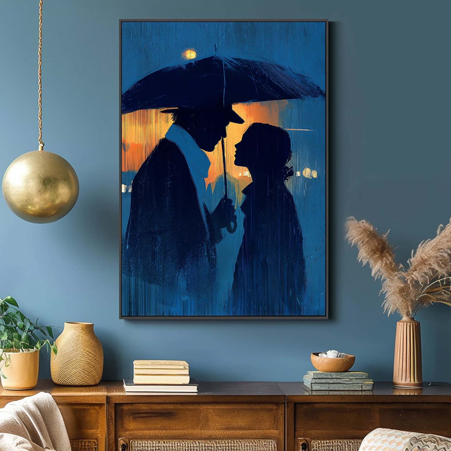Original Couple In Rain Oil Painting Moody Blue Night Art Unique Gift For Couples Romantic Wall Art Canvas