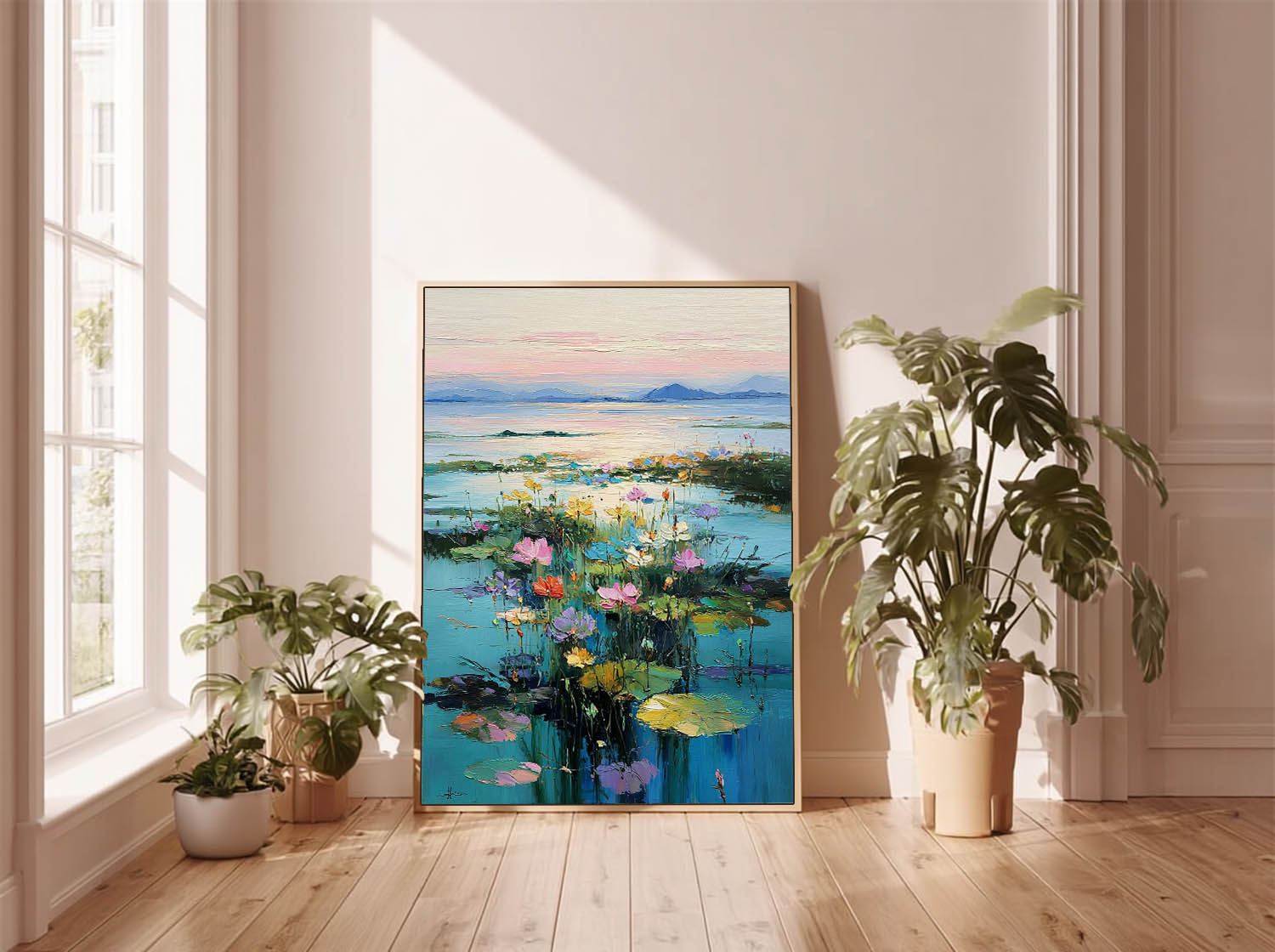 Colorful Lake & Floral Oil Painting Modern Landscape Wall Art Home Decor Large Sunset Nature Artwork