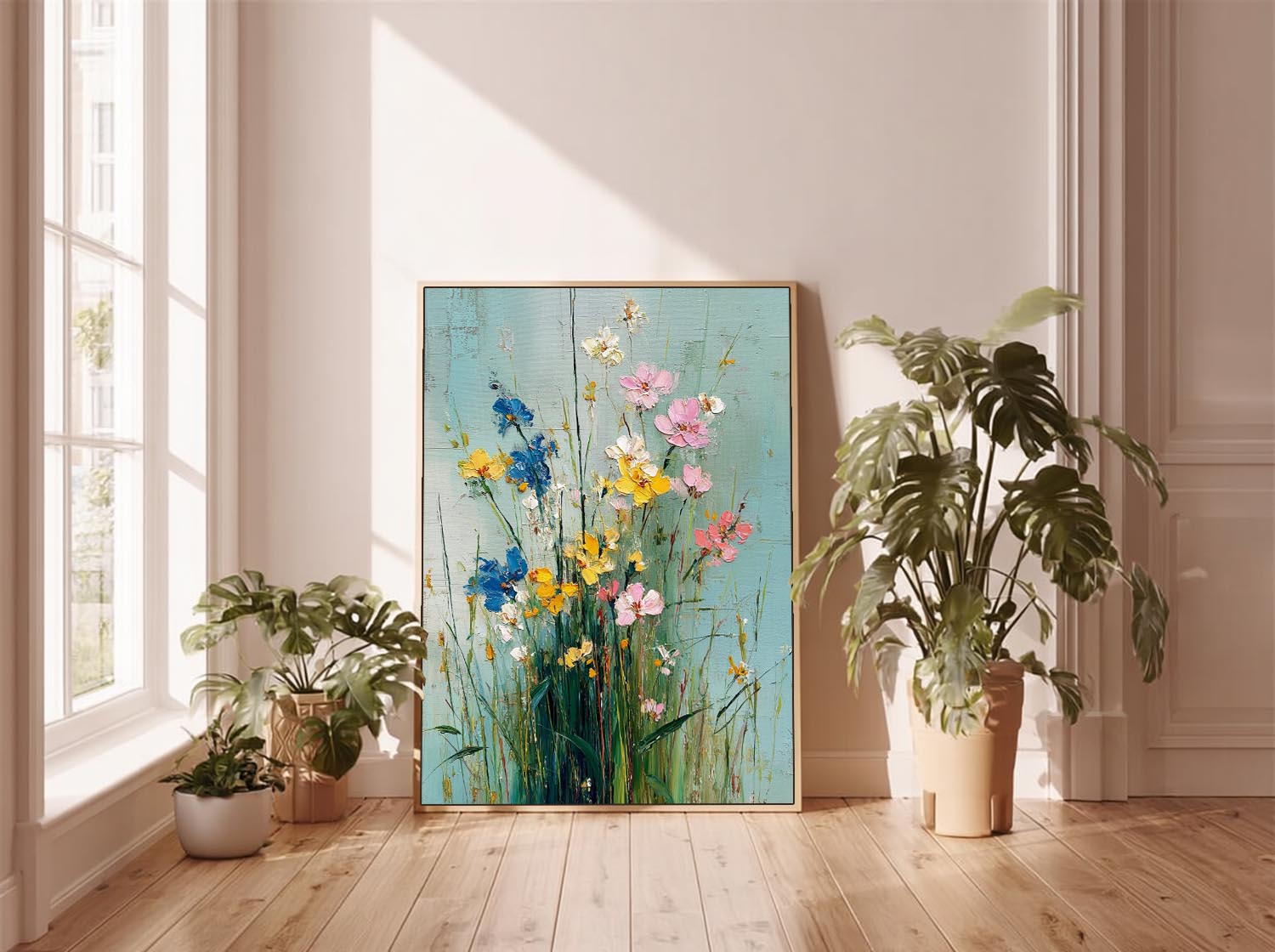 Large Pastel Bohemian Floral Painting Canvas Original Wildflower Wall Art Vintage Style Decorative Art