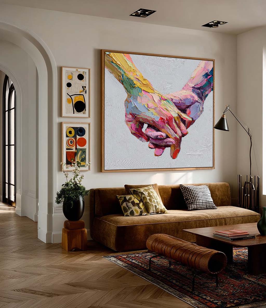Abstract Colorful Wall Decor For Cozy Home Rainbow Geometric Hands Art Minimalist Yet Heartwarming Art Piece