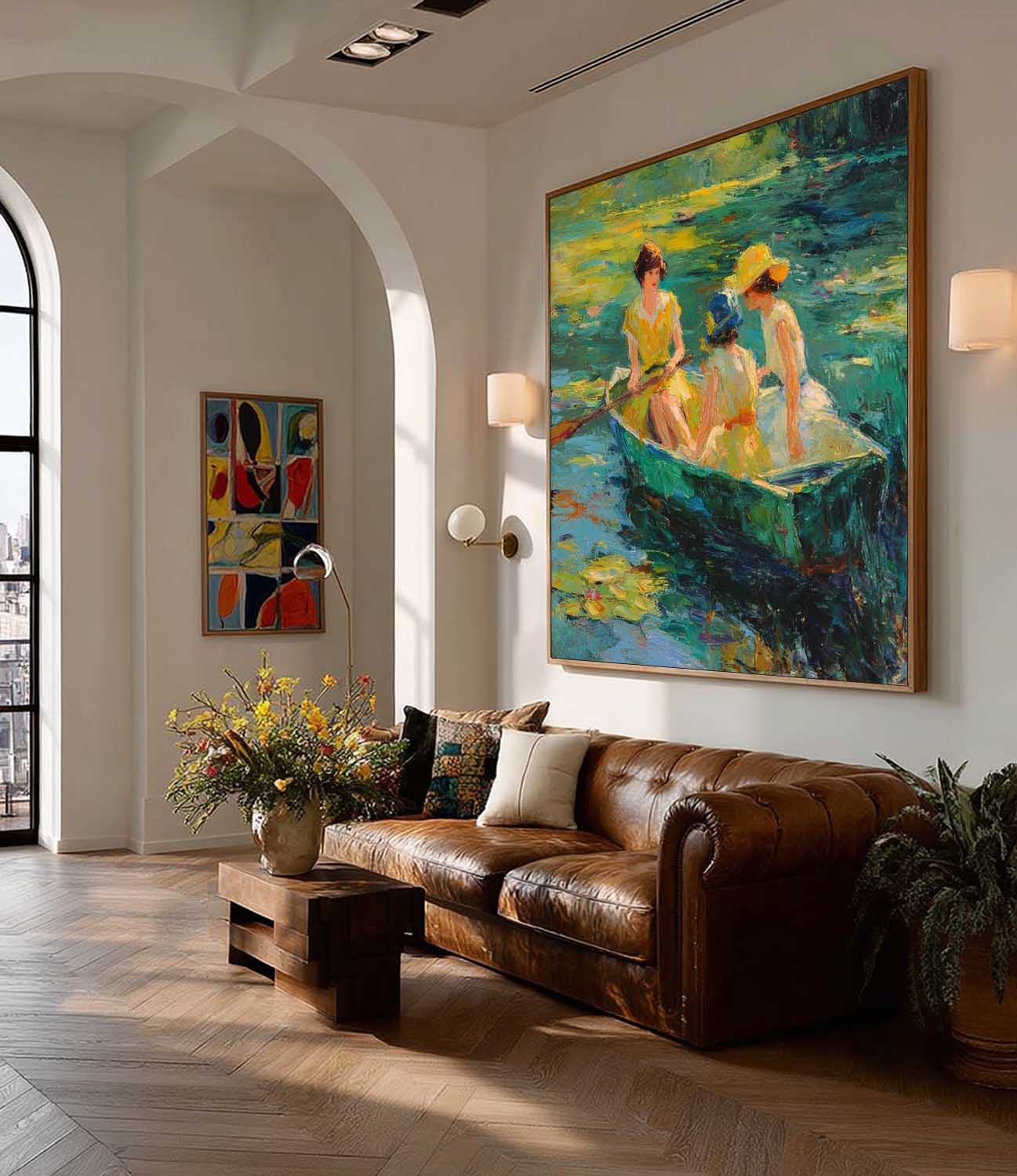 Hand-Painted Art Ladies In Vintage Yellow Dresses Boating On Lily Pond Impressionist Scene Home Wall Decor