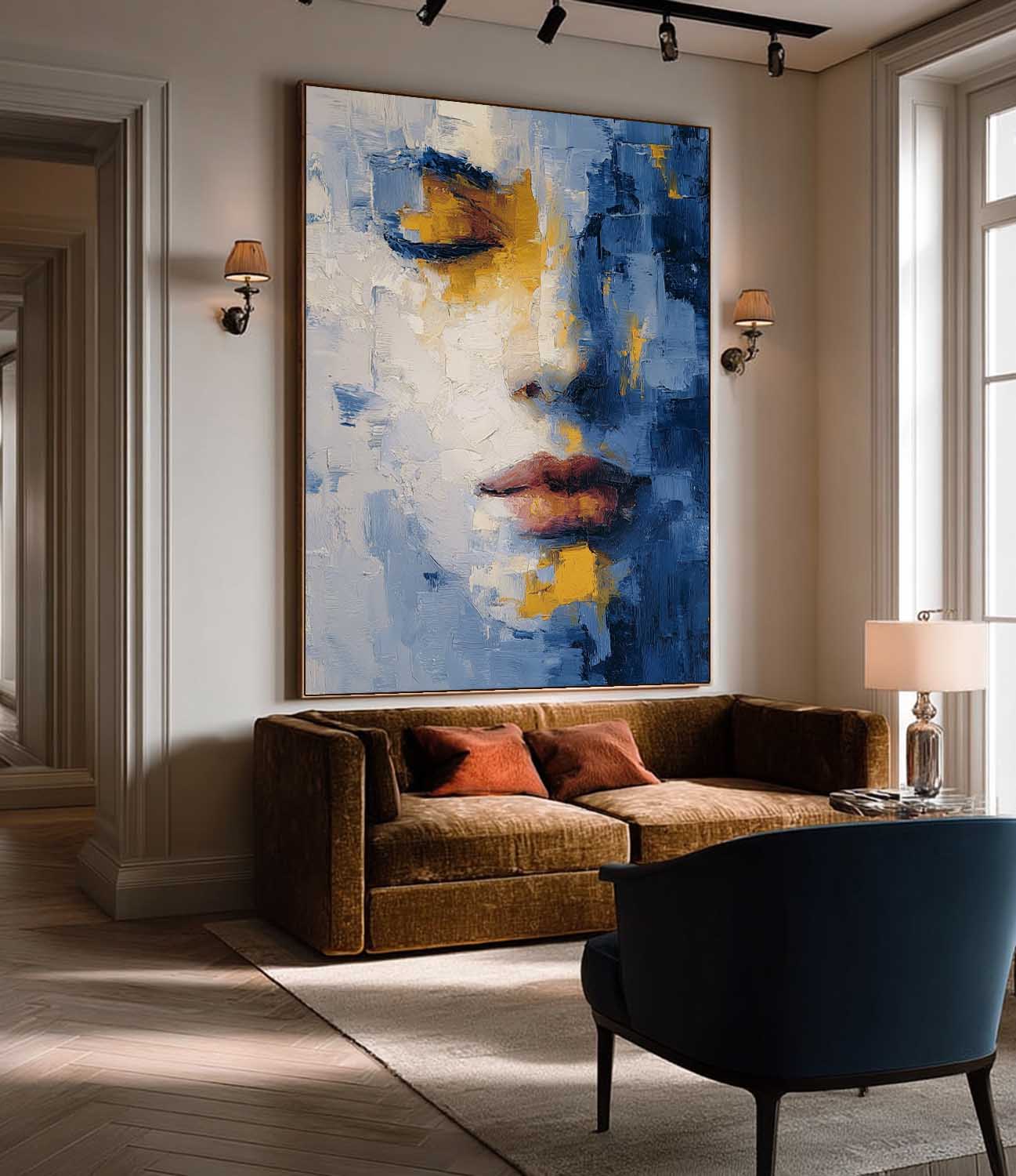 Contemporary Minimalist Face Artwork Abstract Portrait Painting Modern Blue & Gold Toned Impasto Wall Art