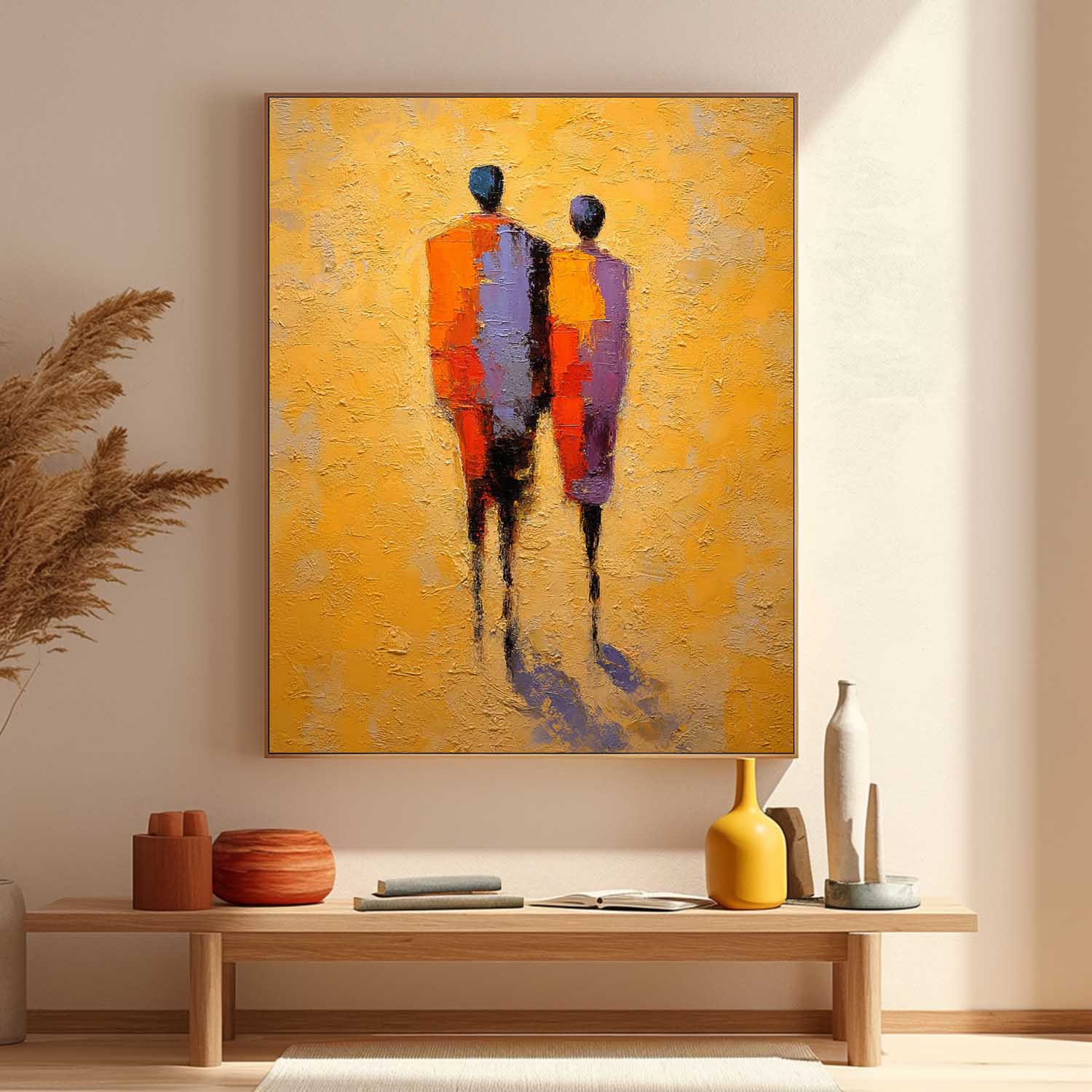 Abstract Oil Painting Couple Figure With Yellow Background Modern Wall Art Home Decor Original Handmade Artwork