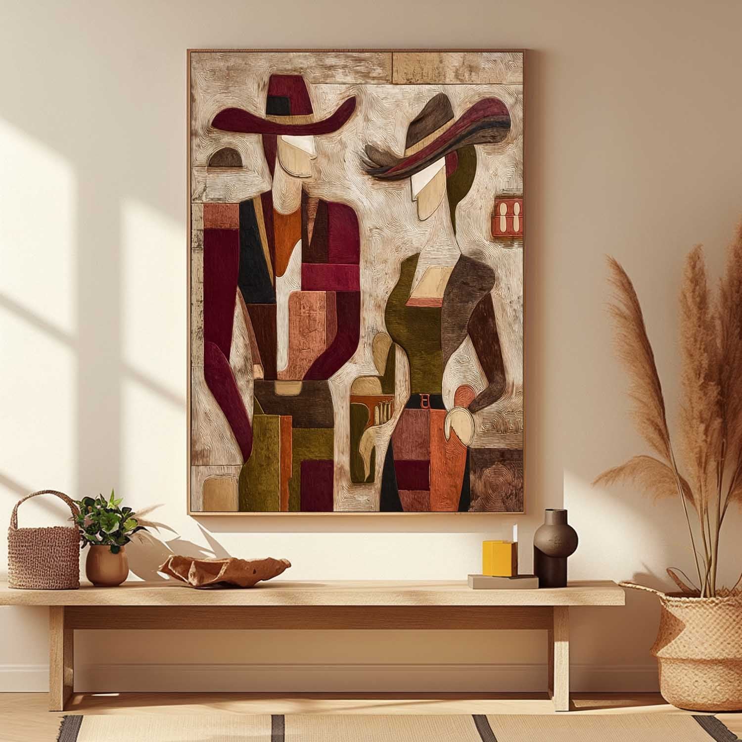 Abstract Cowboy Couple Painting Wall Art Vintage Style Retro Tonal Geometric Figures Textured Modern Home Decor