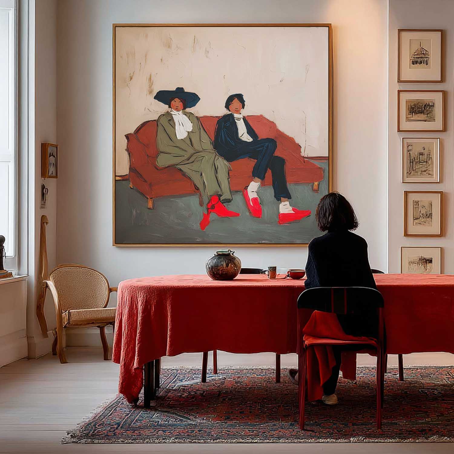 Unique Fashion Painting Bold Red Shoes & Retro Style On Red Sofa Art Vintage Wall Decor For Stylish Living Spaces