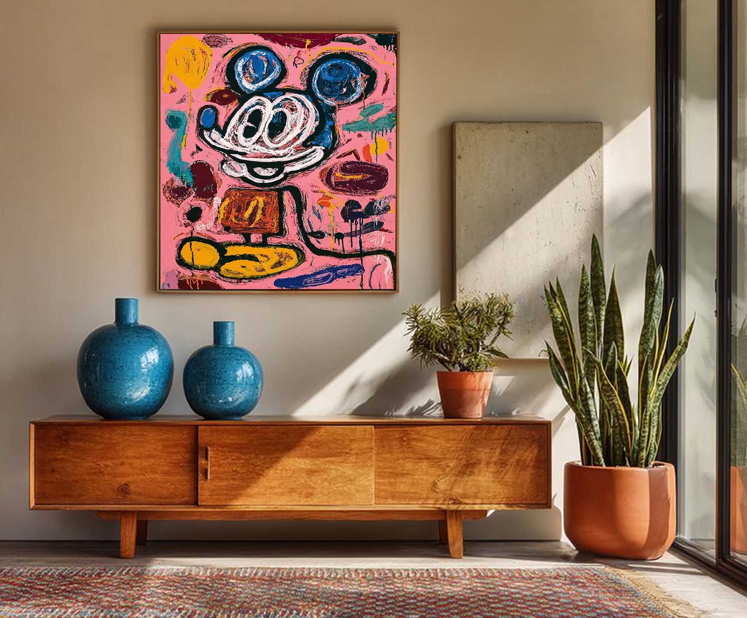 Pink Original Features Artwork Abstract Mickey Painting Canvas Large Graffiti Cartoon Figure Wall Art